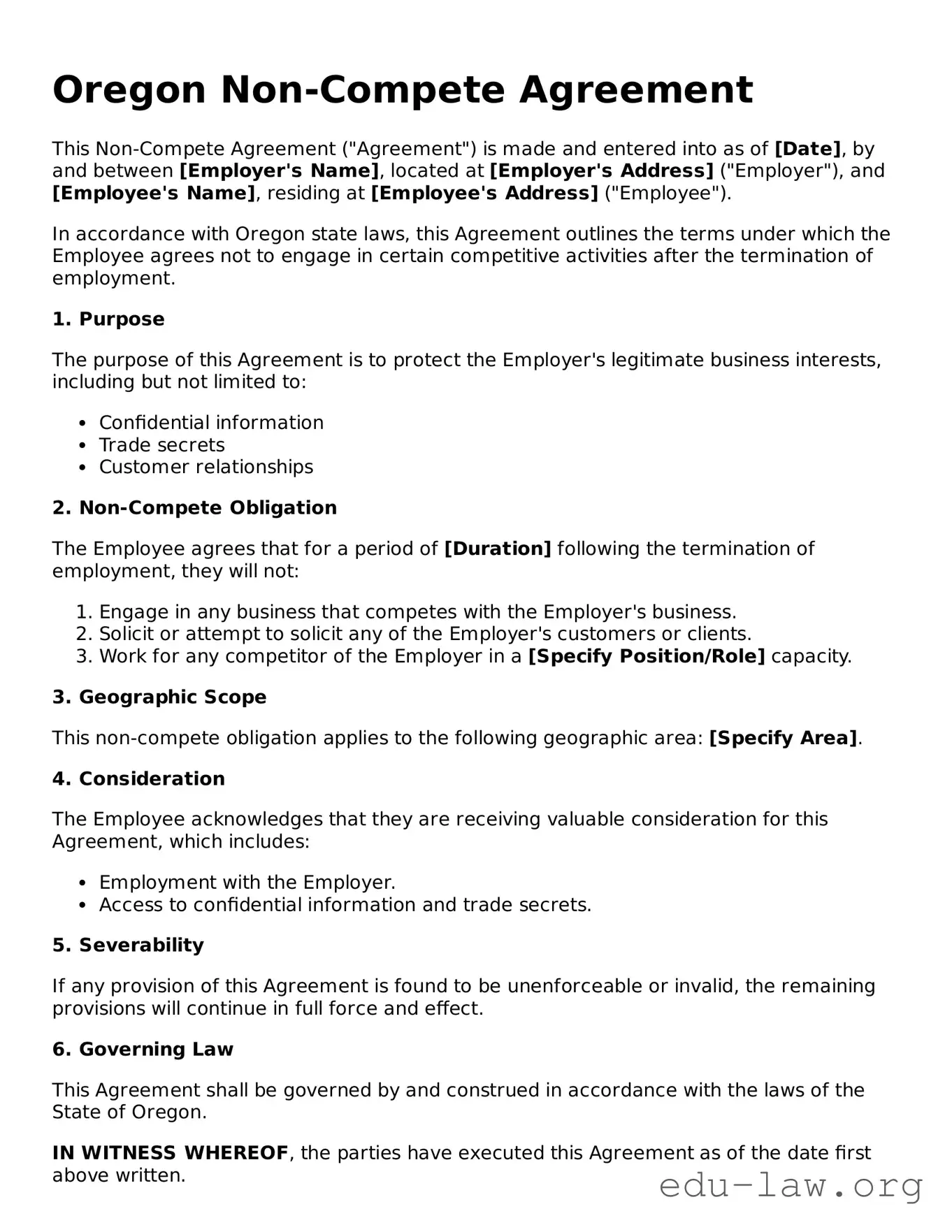 Legal  Non-compete Agreement Template for Oregon