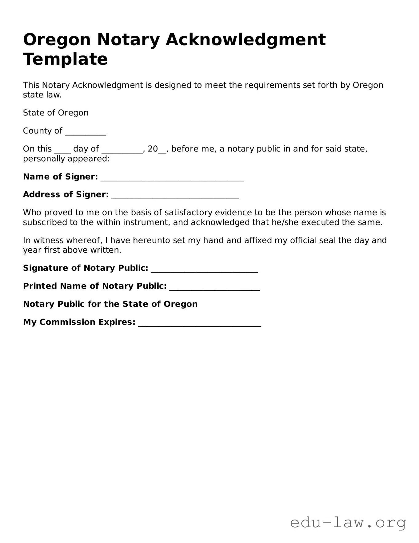 Legal  Notary Acknowledgement Template for Oregon