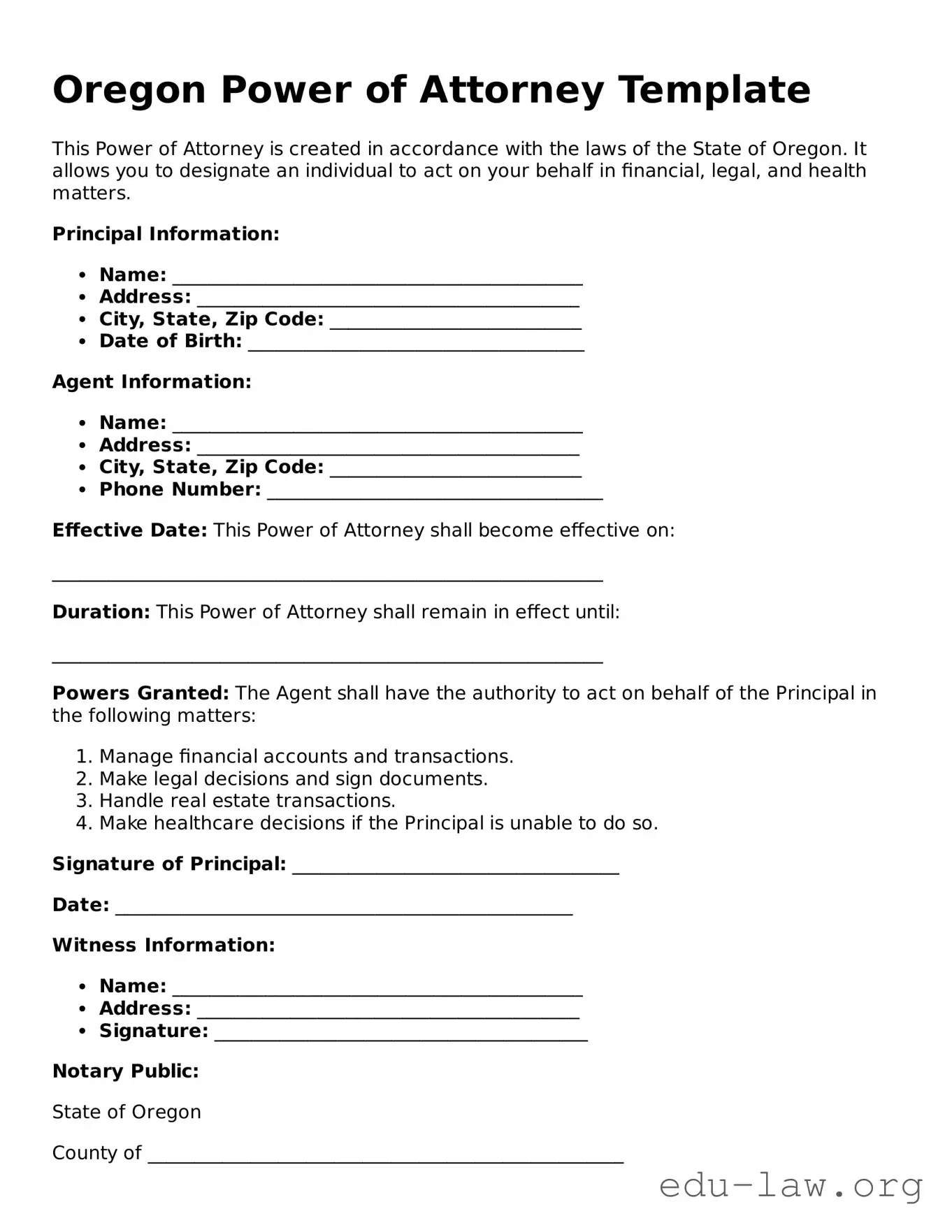 Legal  Power of Attorney Template for Oregon