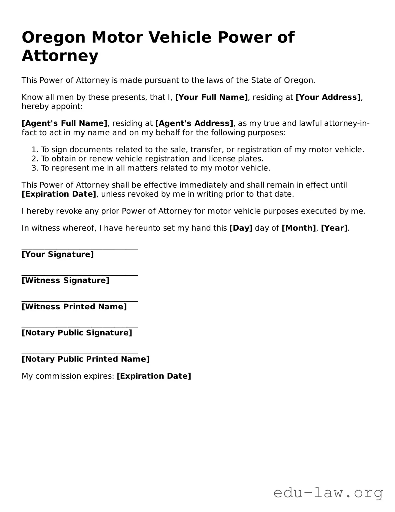 Legal  Motor Vehicle Power of Attorney Template for Oregon