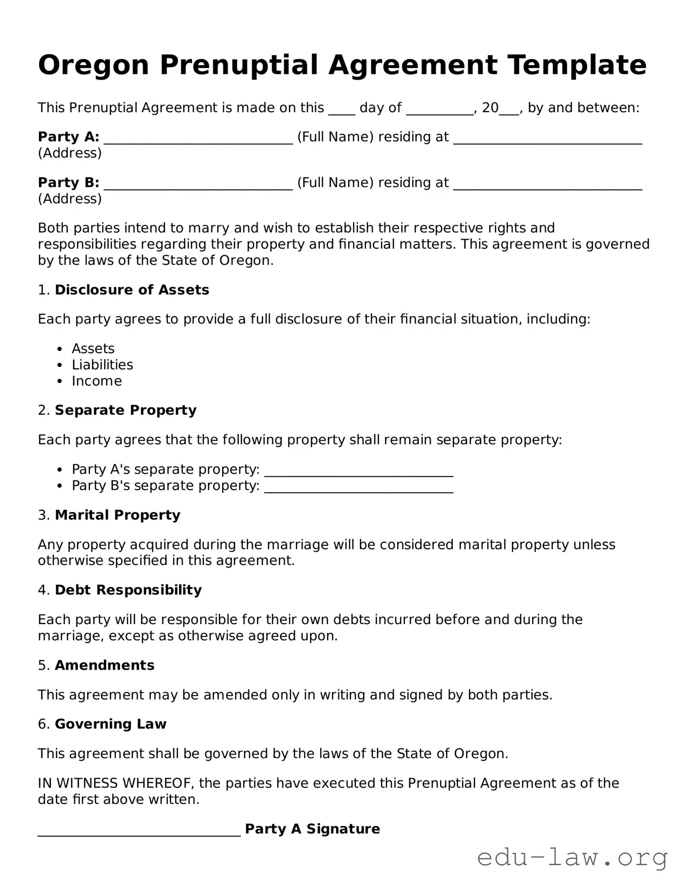 Legal  Prenuptial Agreement Template for Oregon
