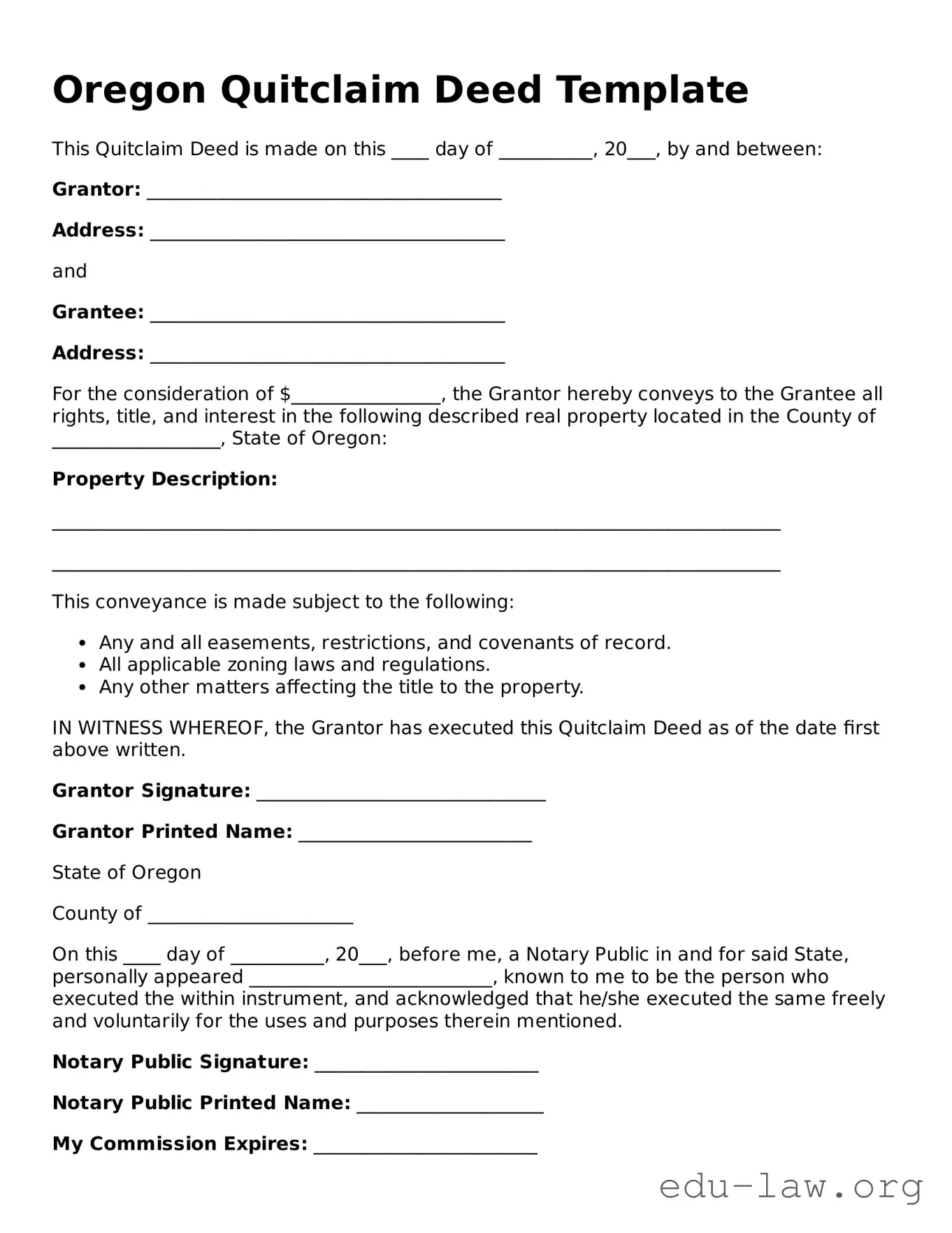 Legal  Quitclaim Deed Template for Oregon