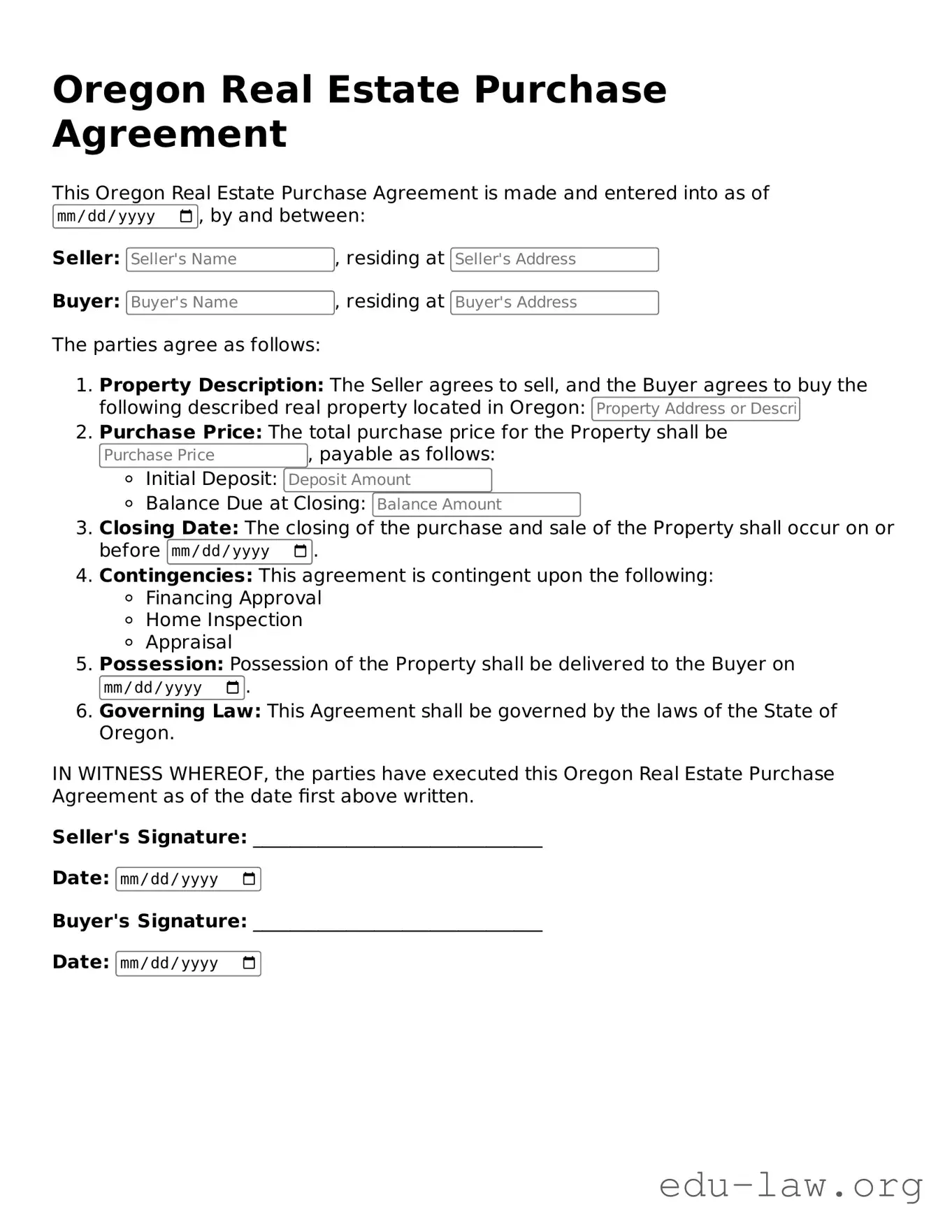 Legal  Real Estate Purchase Agreement Template for Oregon