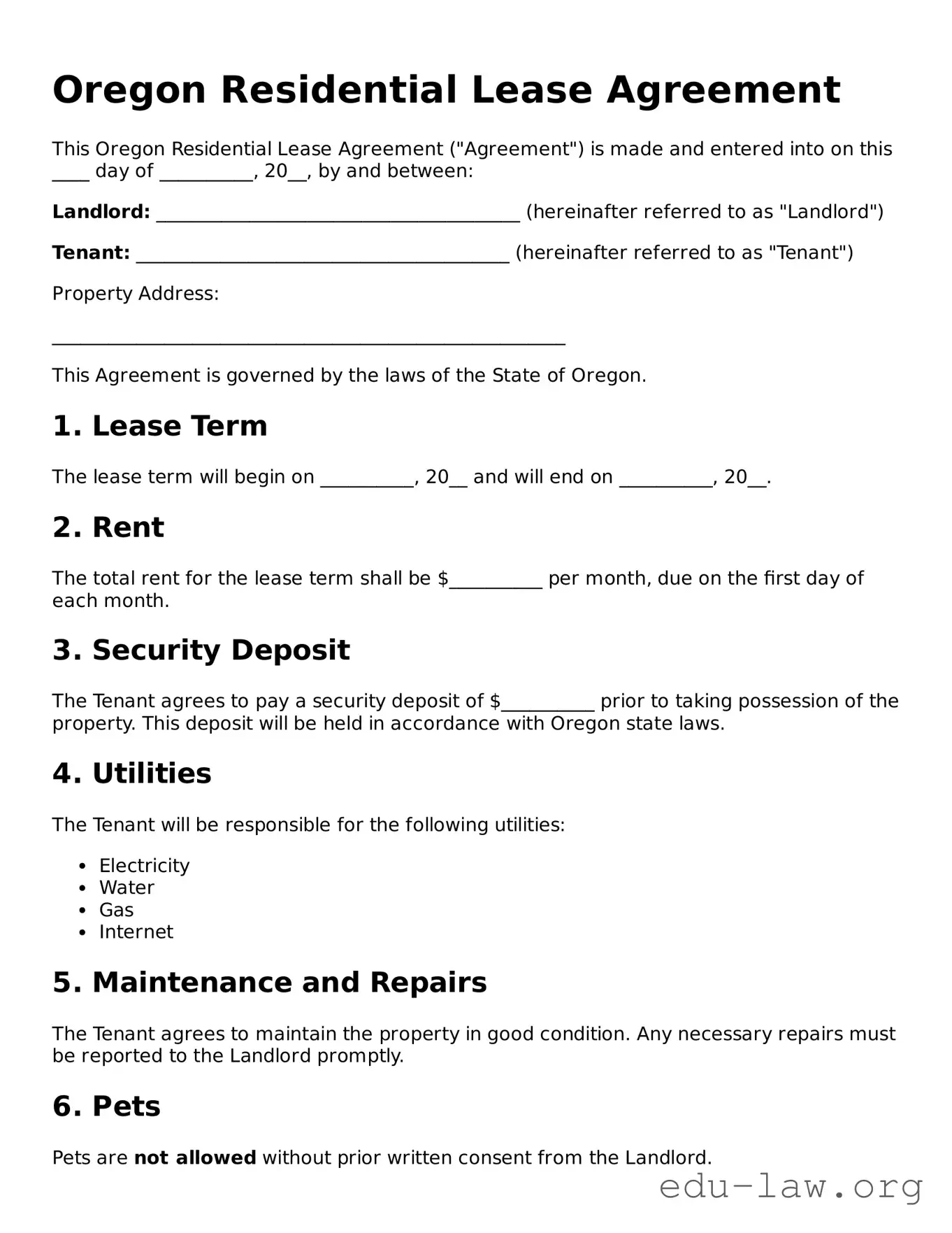 Legal  Residential Lease Agreement Template for Oregon