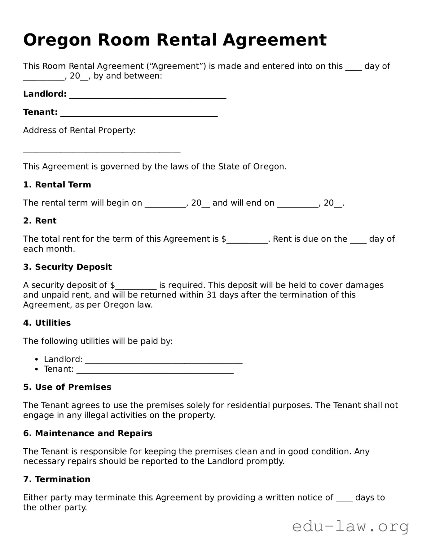 Legal  Room Rental Agreement Template for Oregon