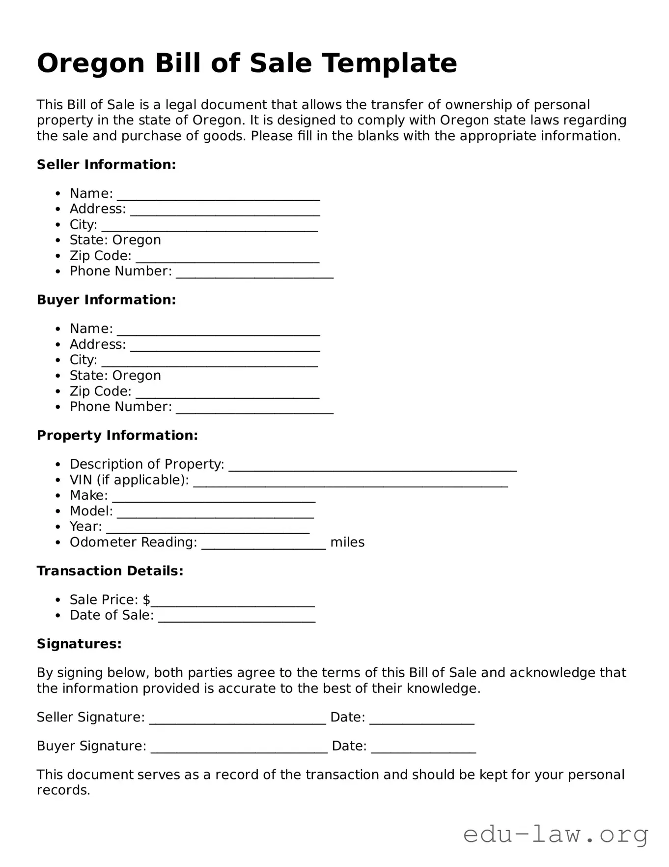 Legal  Bill of Sale Template for Oregon