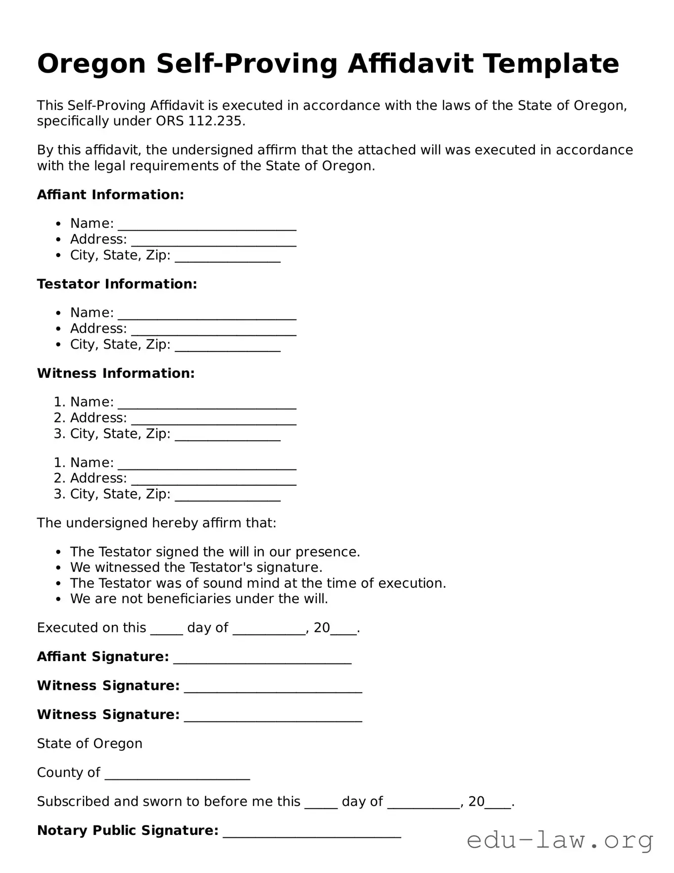 Legal  Self-Proving Affidavit Template for Oregon