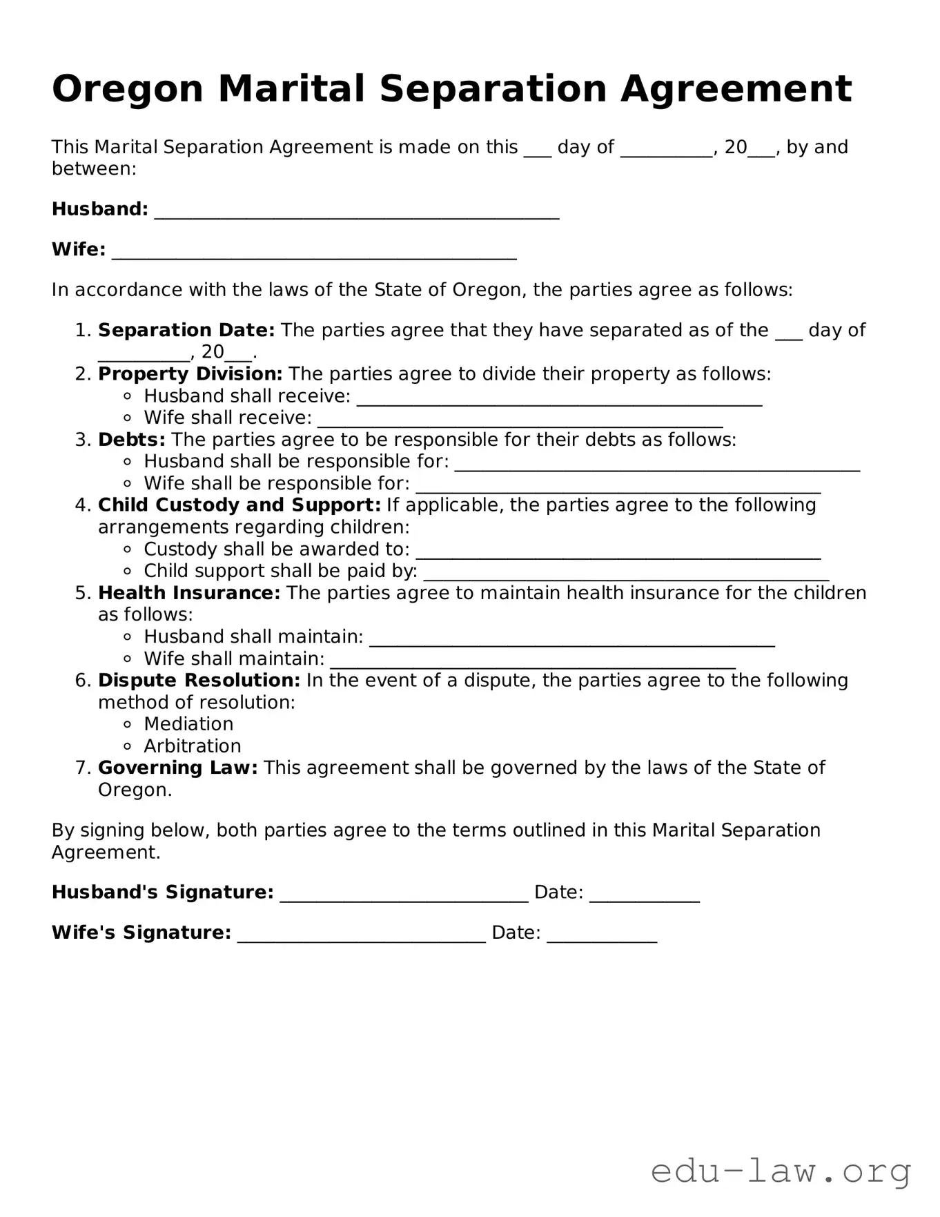 Legal  Marital Separation Agreement Template for Oregon
