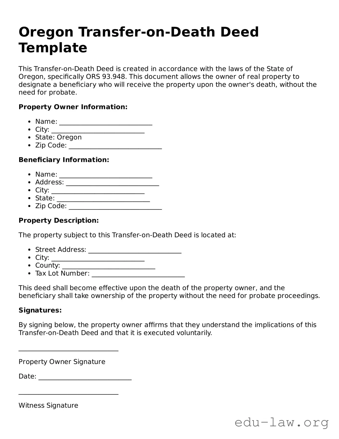 Legal  Transfer-on-Death Deed Template for Oregon
