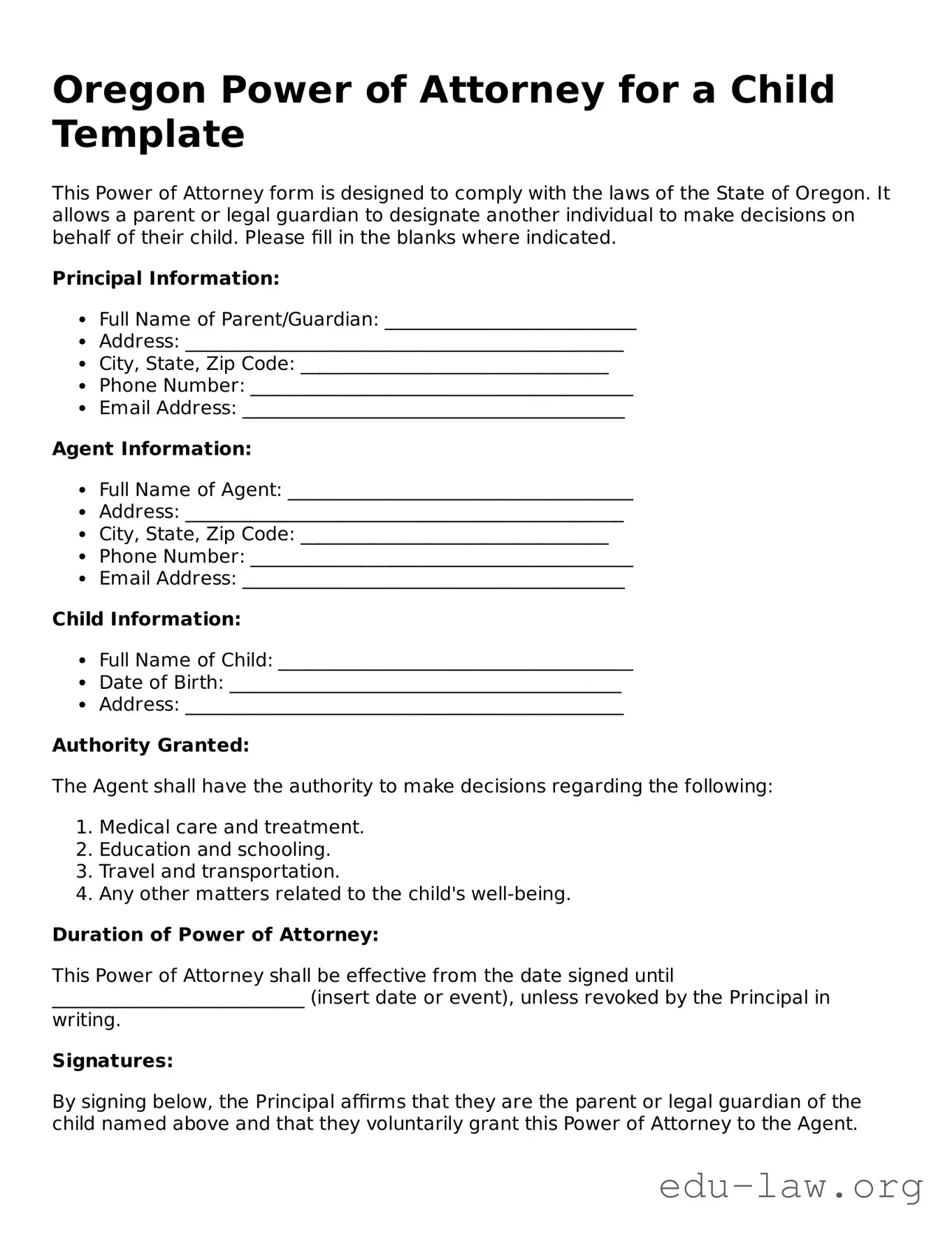 Legal  Power of Attorney for a Child Template for Oregon
