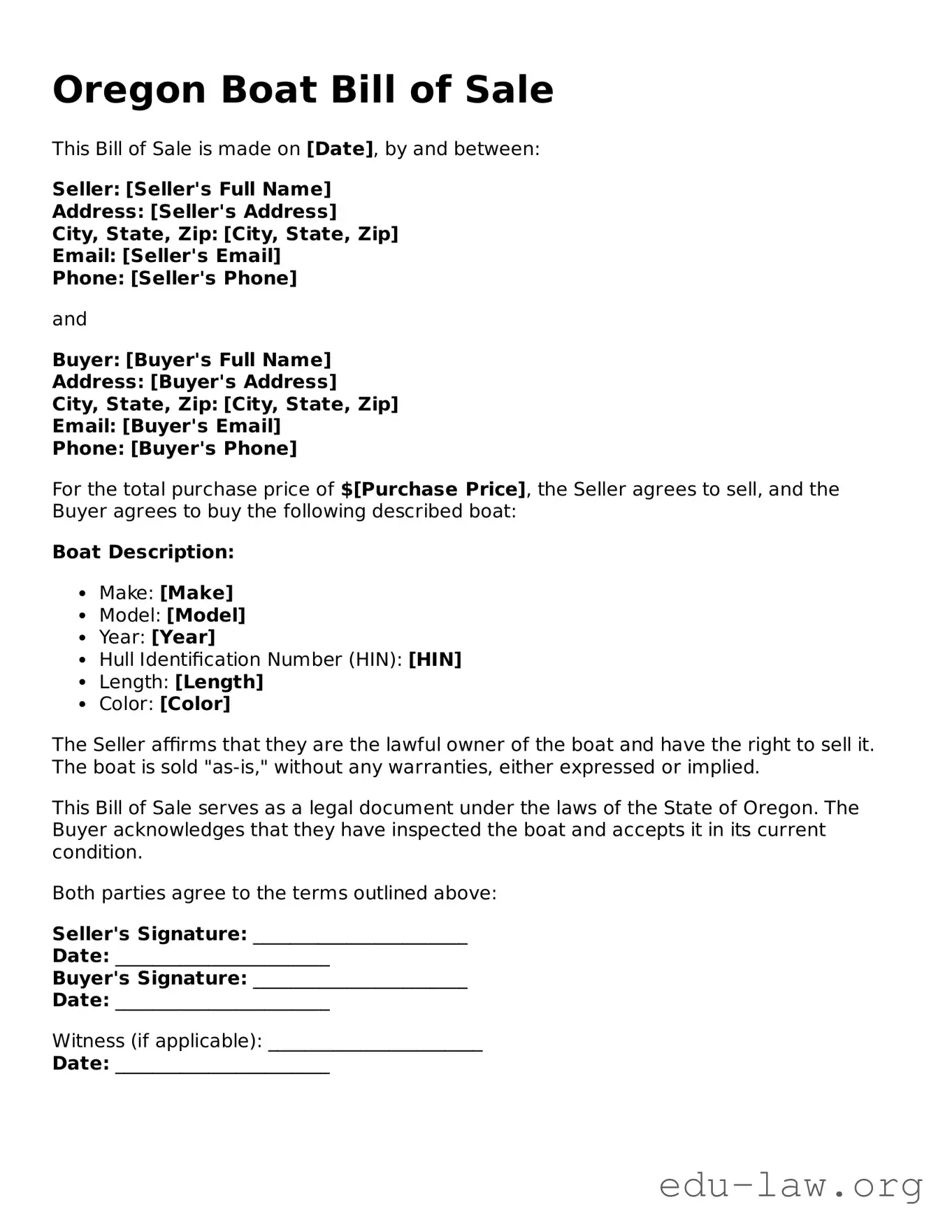 Legal  Boat Bill of Sale Template for Oregon