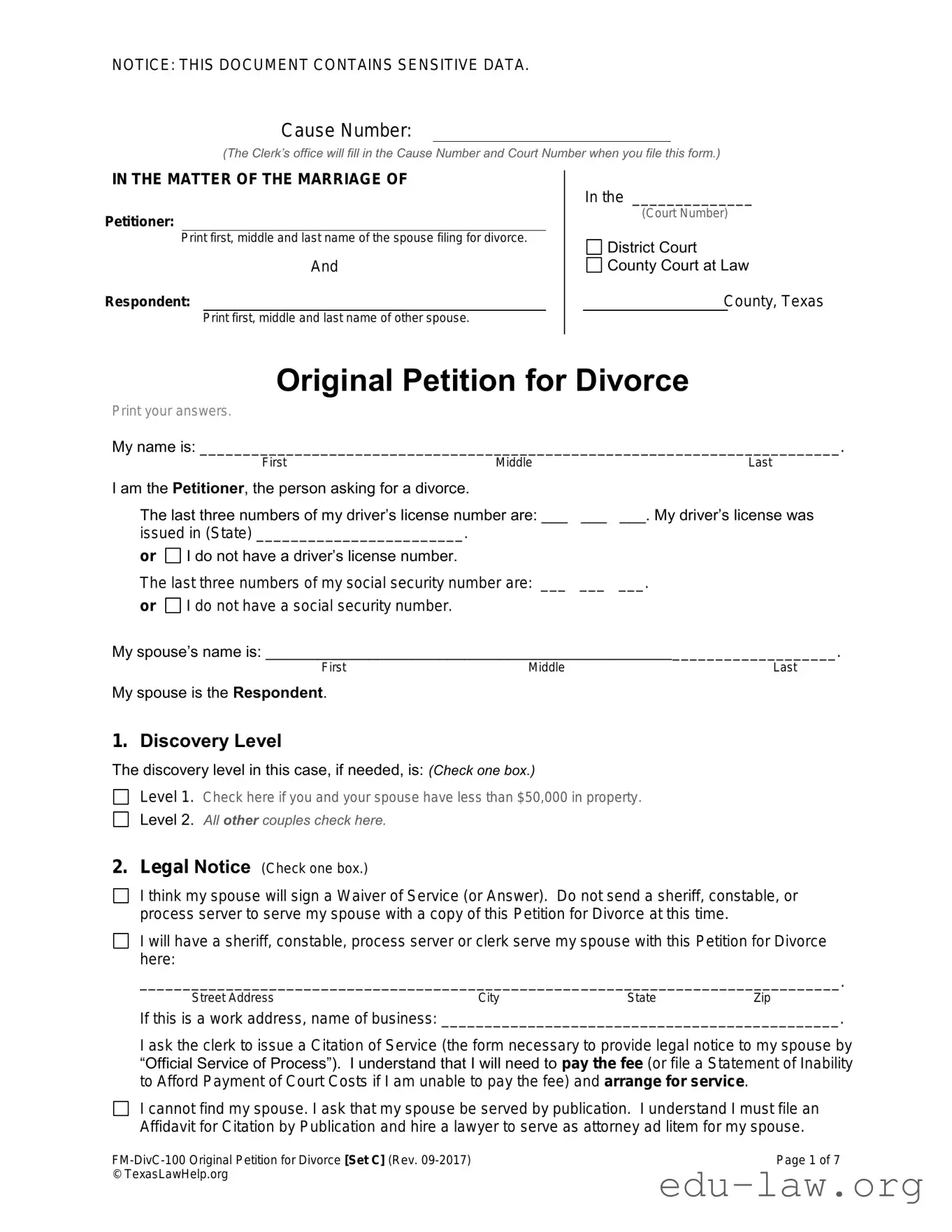 Fill in Your Texas Law Help FM-DivC-100 Original Petition for Divorce Set C Template