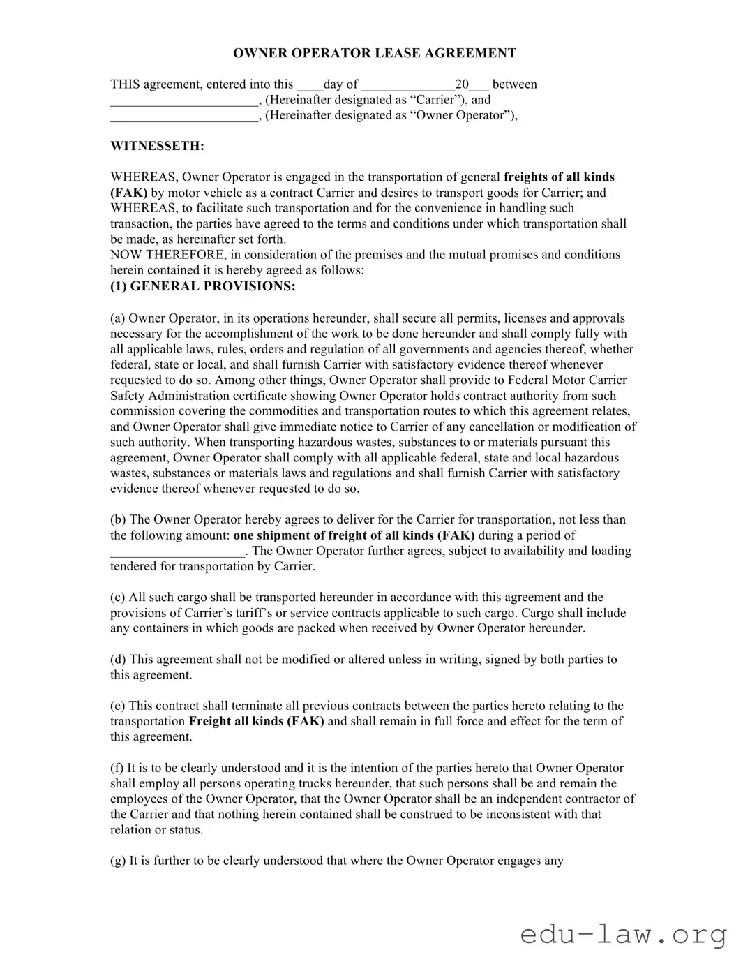 Fill in Your Owner Operator Lease Agreement Template