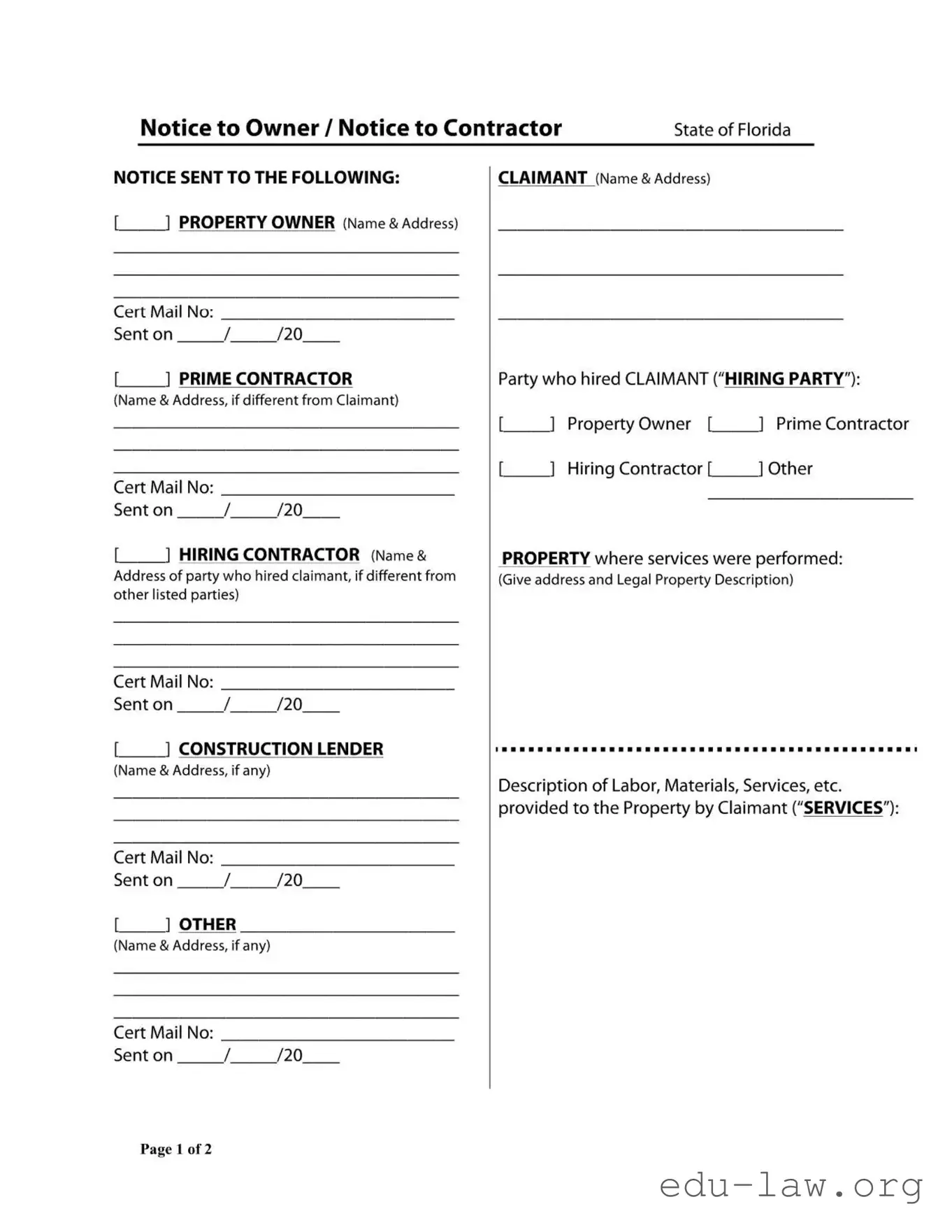 Fill in Your Notice Owner Florida Template