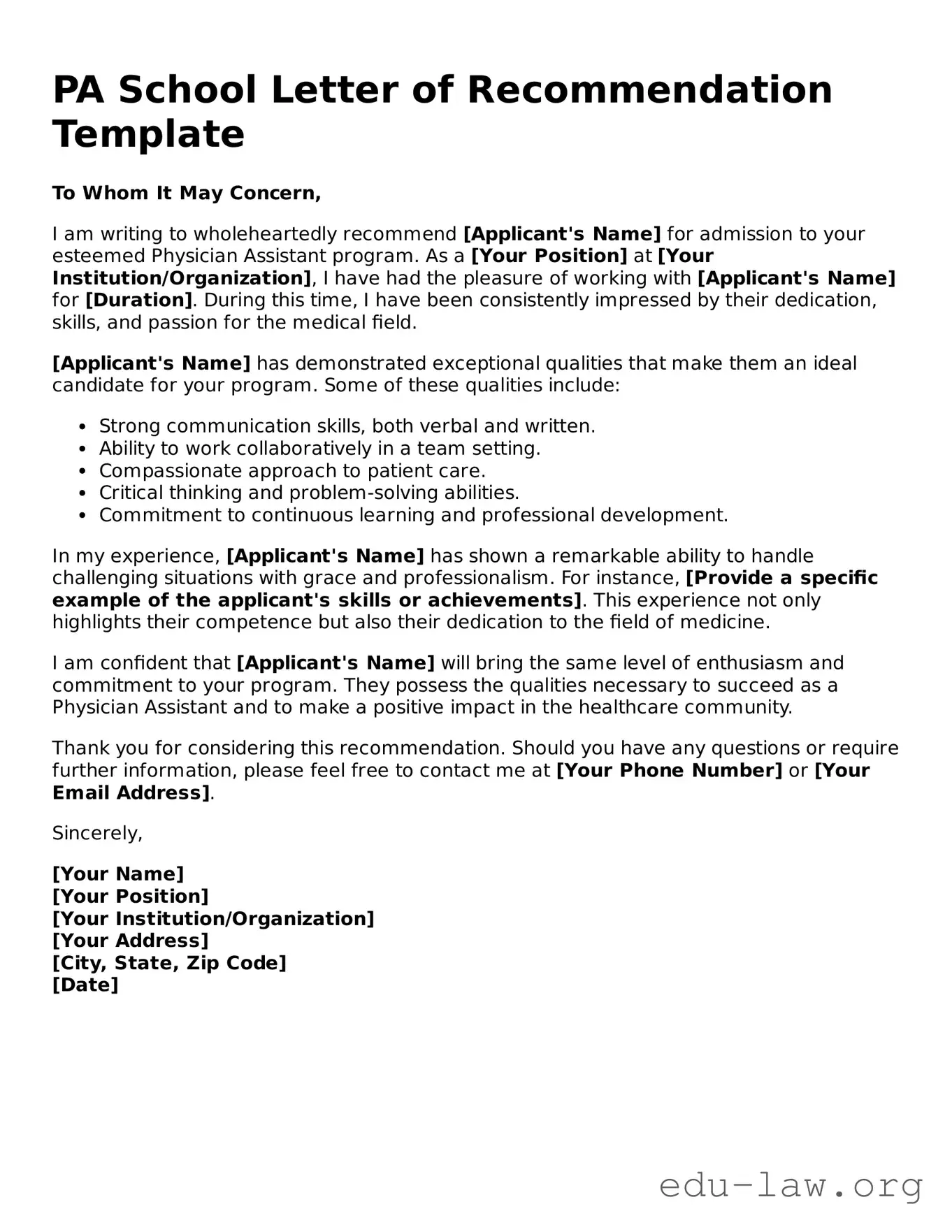PA School Letter of Recommendation Template