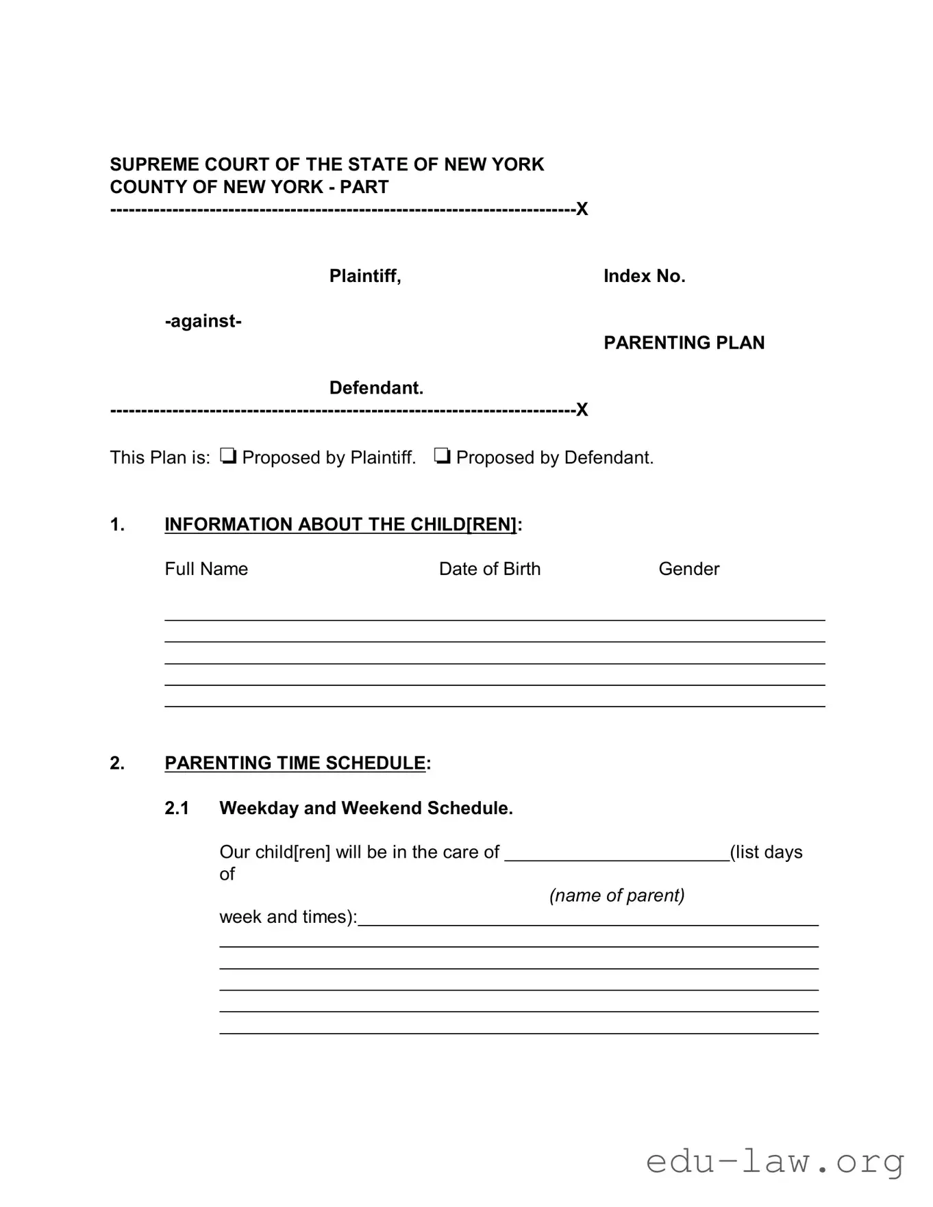 Fill in Your New York Parenting Plan Template