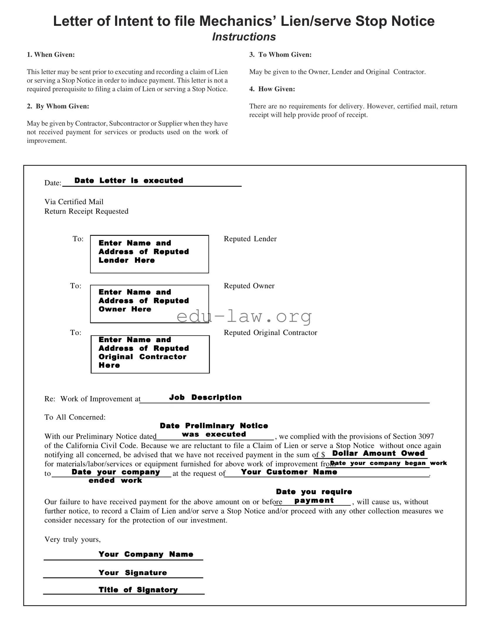 Fill in Your Letter Of Intent Lien Template
