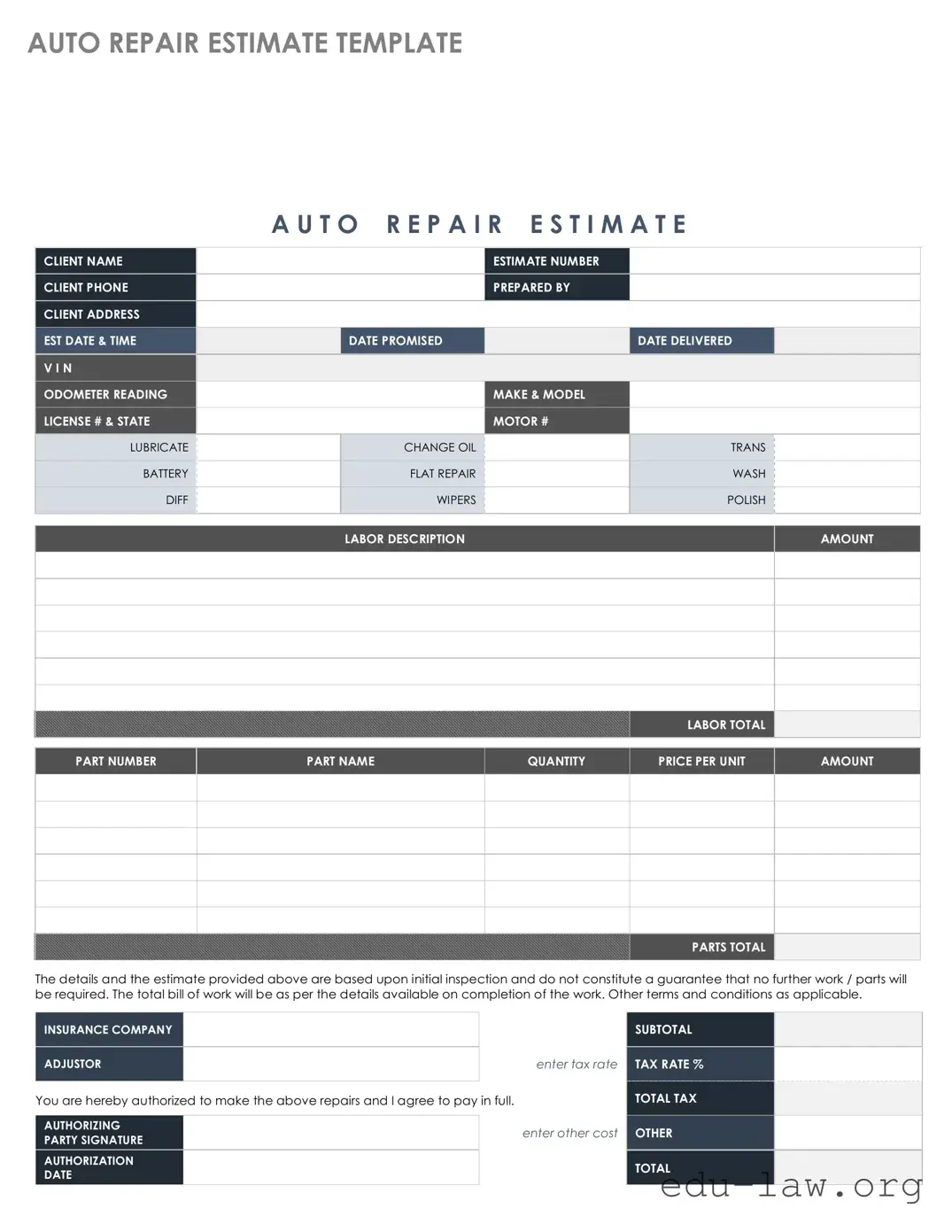 Fill in Your Auto Repair Estimate Template