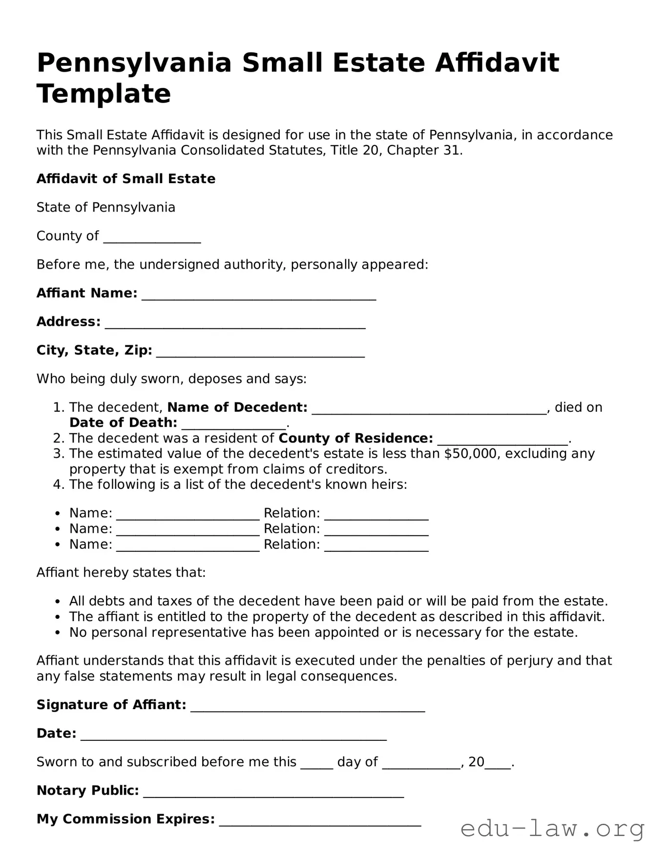 Legal  Small Estate Affidavit Template for Pennsylvania