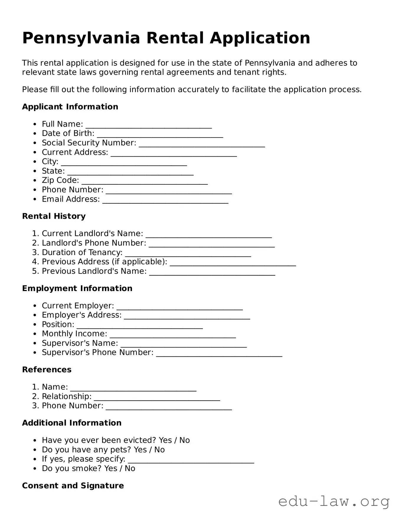 Legal  Rental Application Template for Pennsylvania