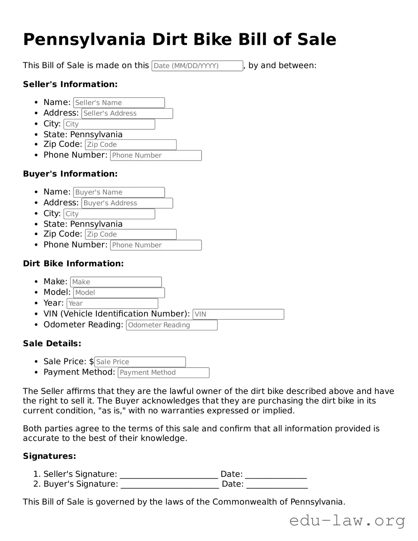 Legal  Dirt Bike Bill of Sale Template for Pennsylvania