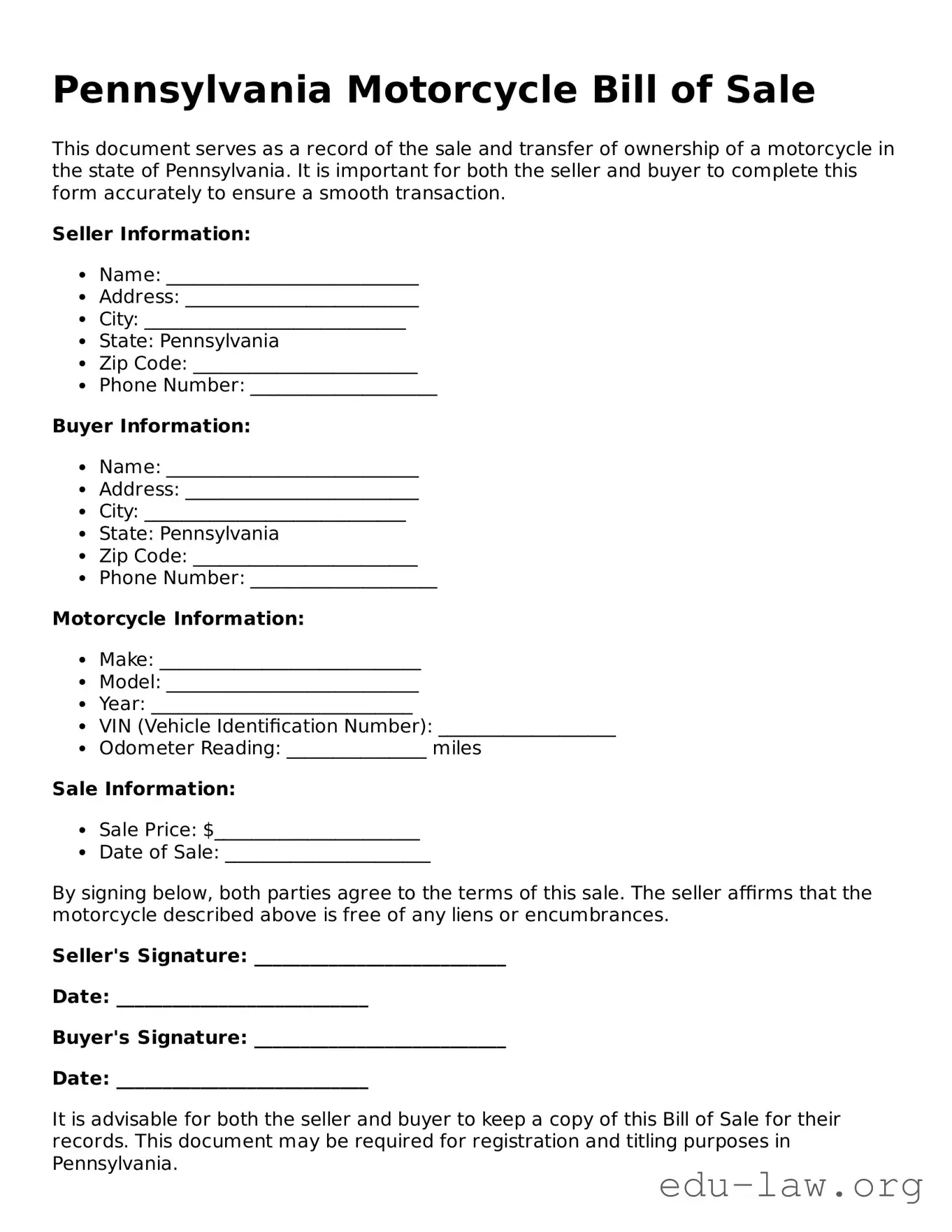 Legal  Motorcycle Bill of Sale Template for Pennsylvania