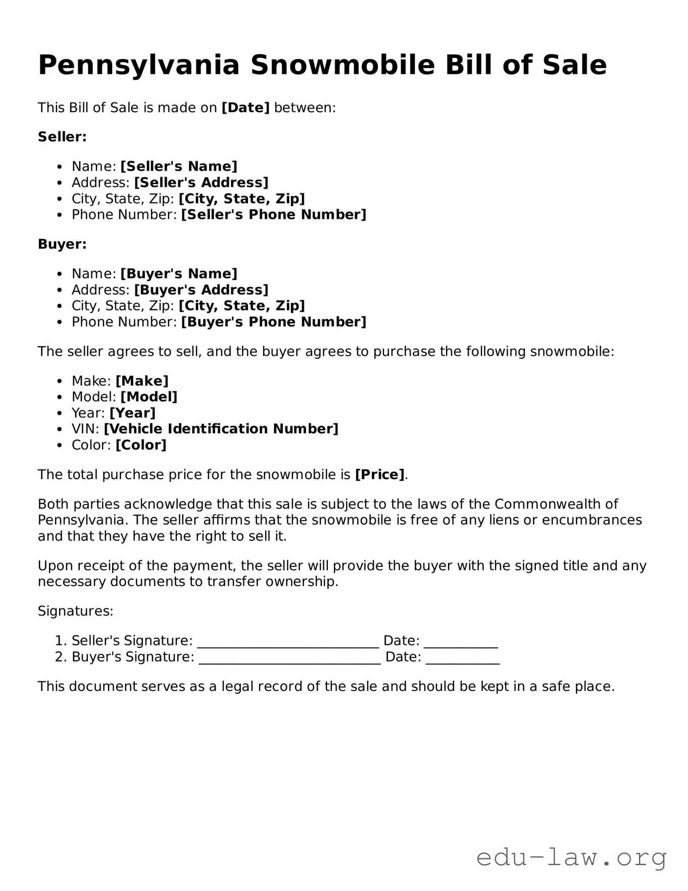 Legal  Snowmobile Bill of Sale Template for Pennsylvania