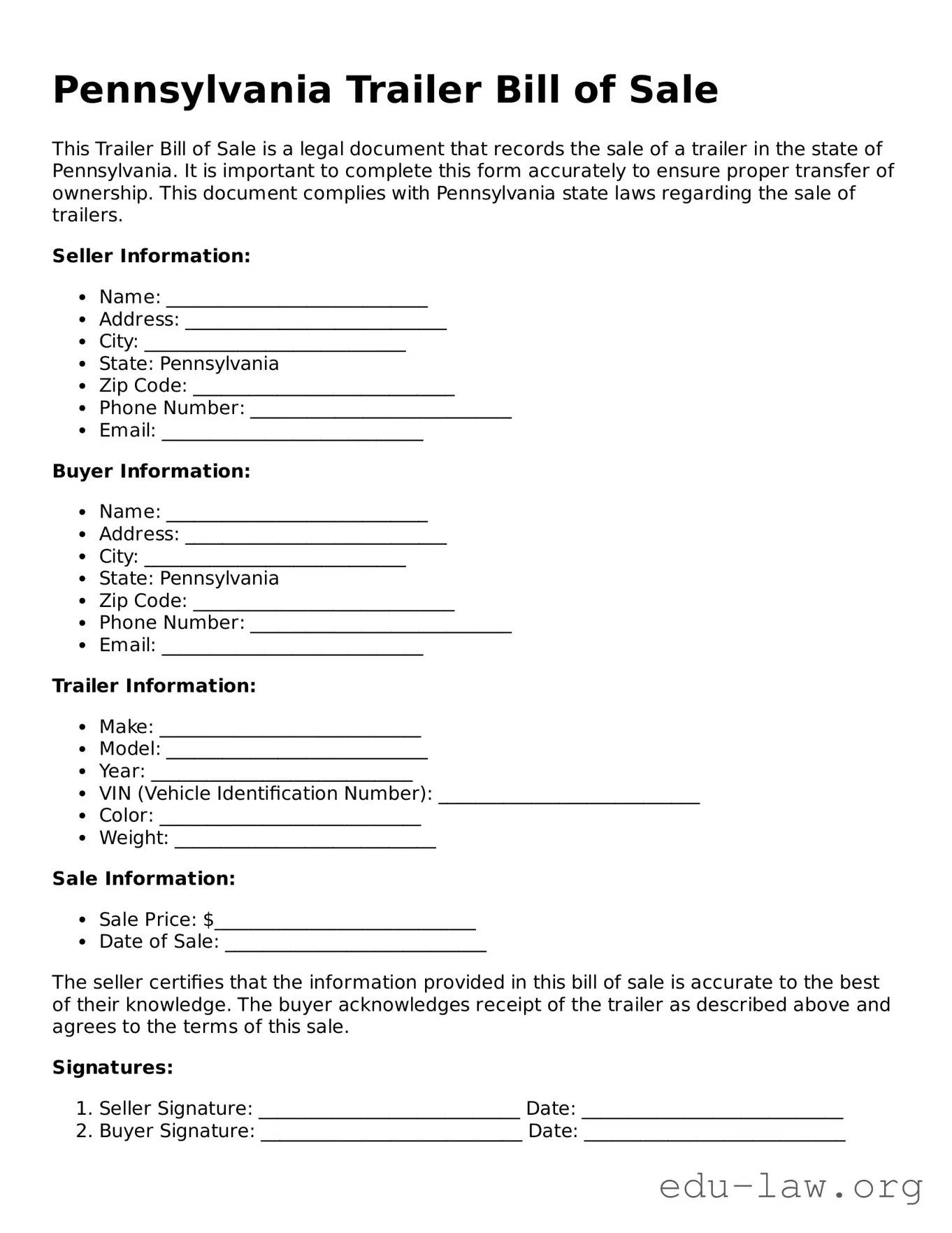 Legal  Trailer Bill of Sale Template for Pennsylvania