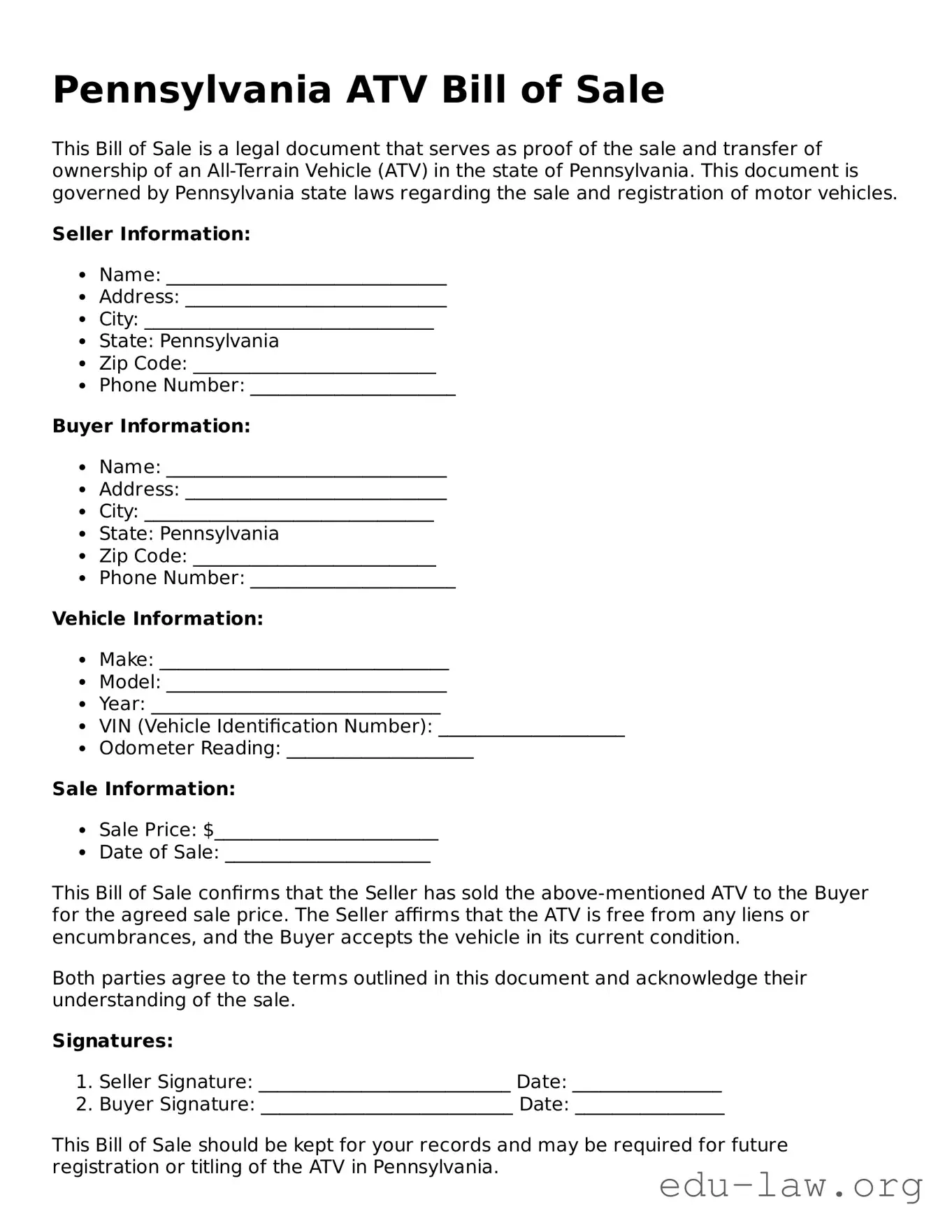 Legal  ATV Bill of Sale Template for Pennsylvania