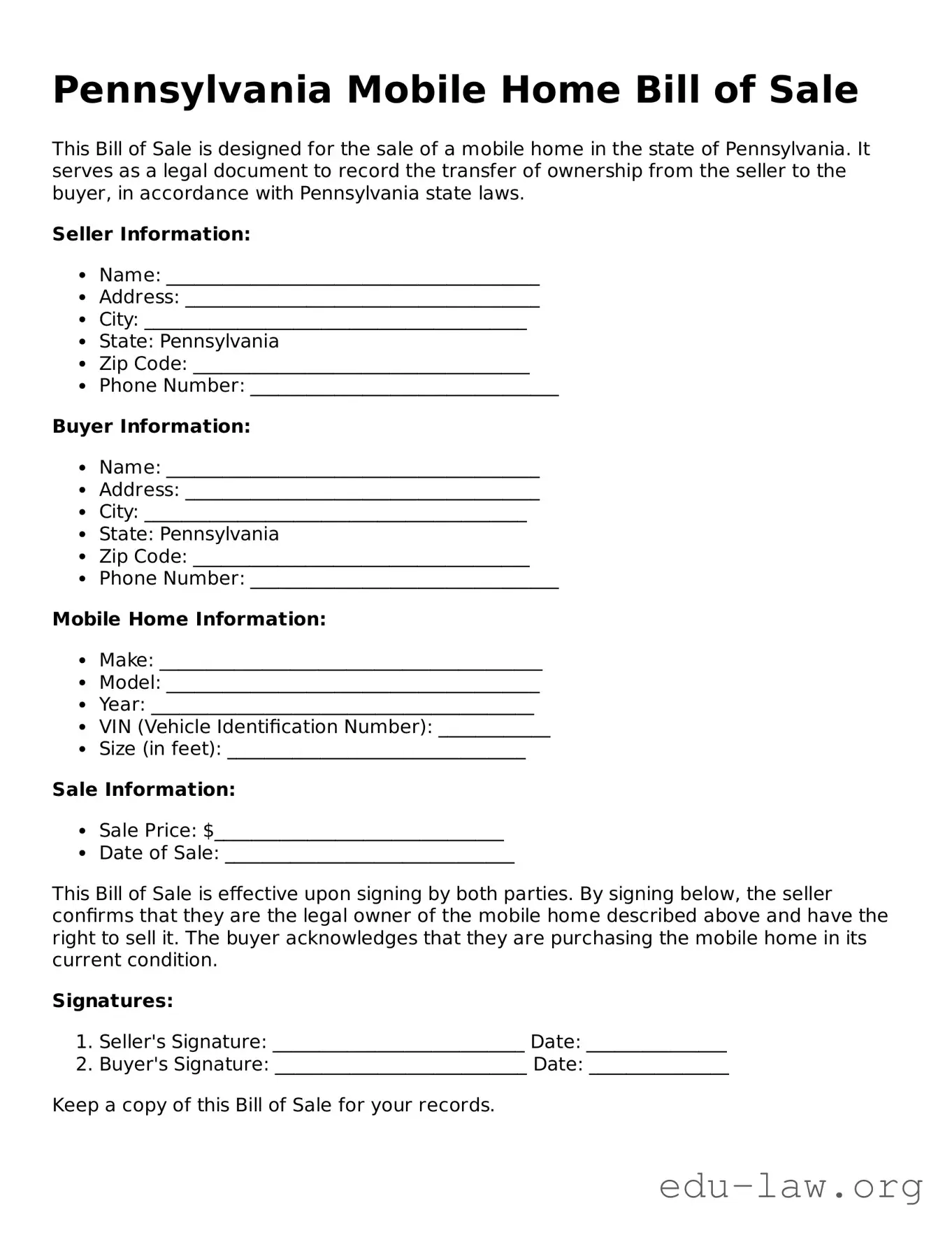 Legal  Mobile Home Bill of Sale Template for Pennsylvania