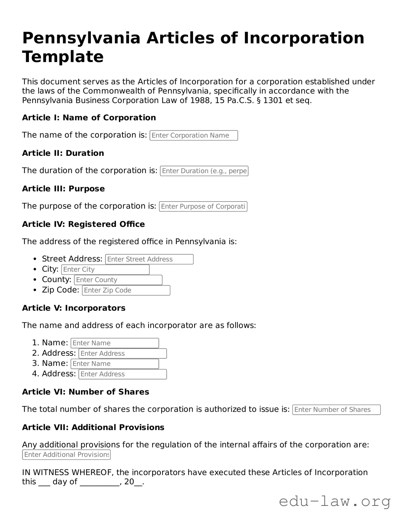 Legal  Articles of Incorporation Template for Pennsylvania