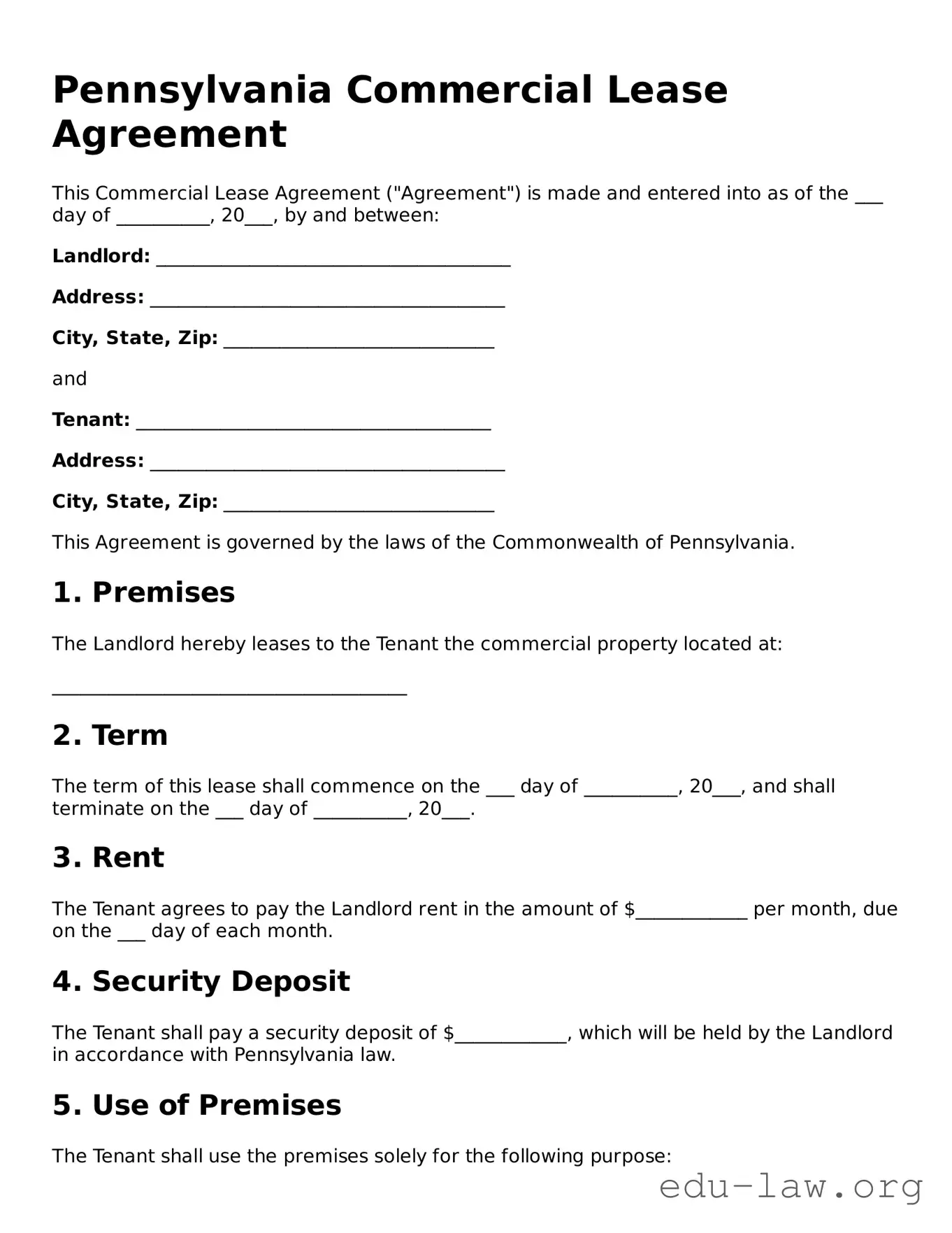 Legal  Commercial Lease Agreement Template for Pennsylvania