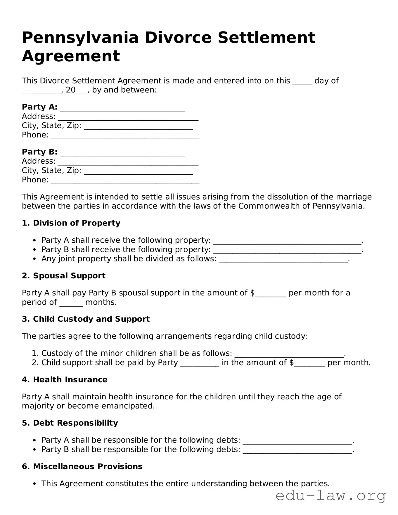 Legal  Divorce Settlement Agreement Template for Pennsylvania