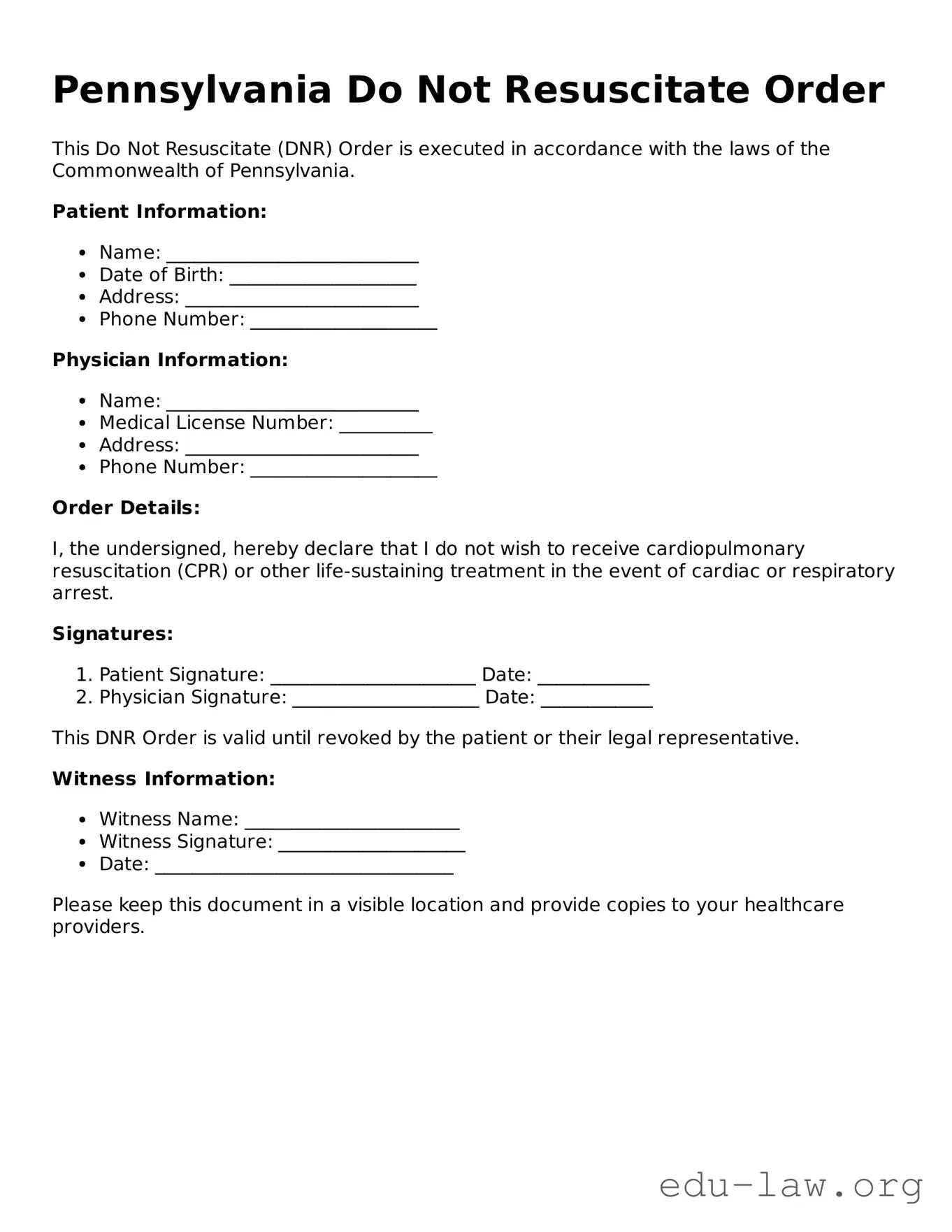Legal  Do Not Resuscitate Order Template for Pennsylvania