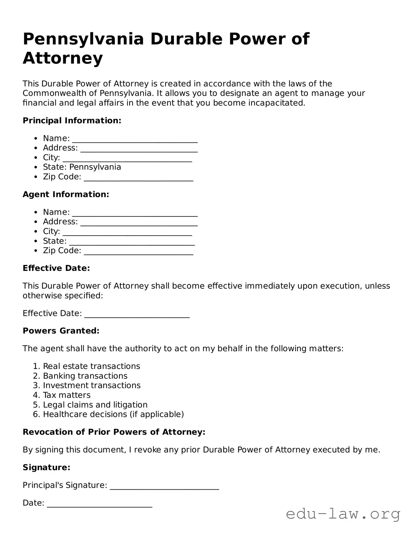 Legal  Durable Power of Attorney Template for Pennsylvania