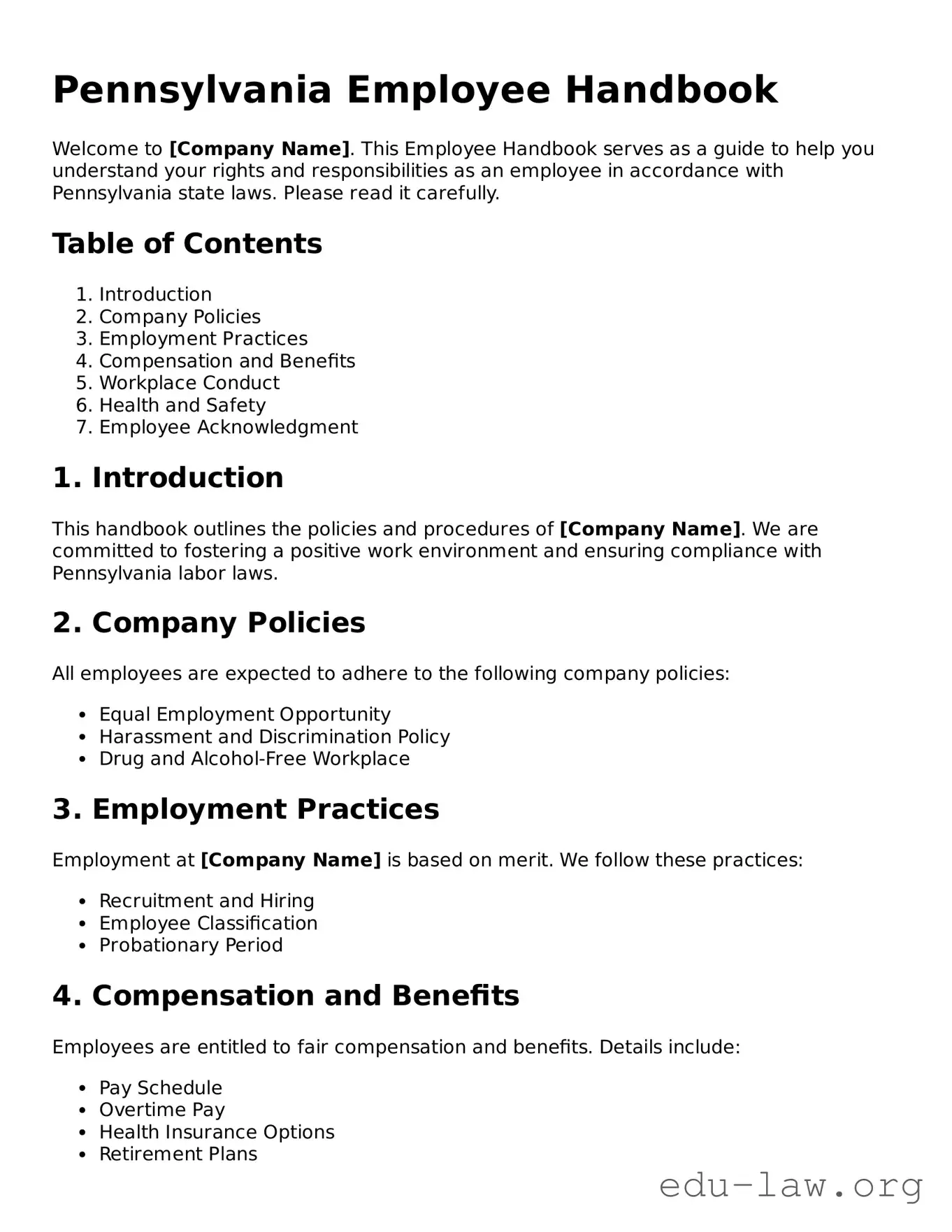 Legal  Employee Handbook Template for Pennsylvania