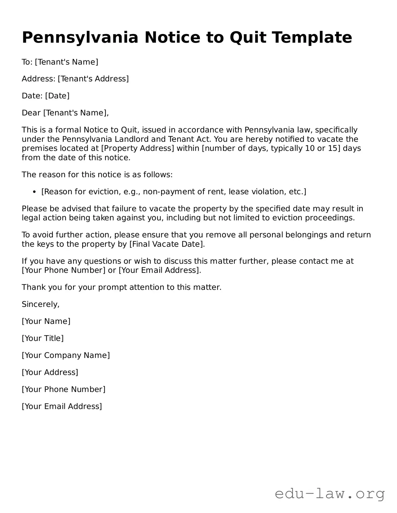 Legal  Notice to Quit Template for Pennsylvania