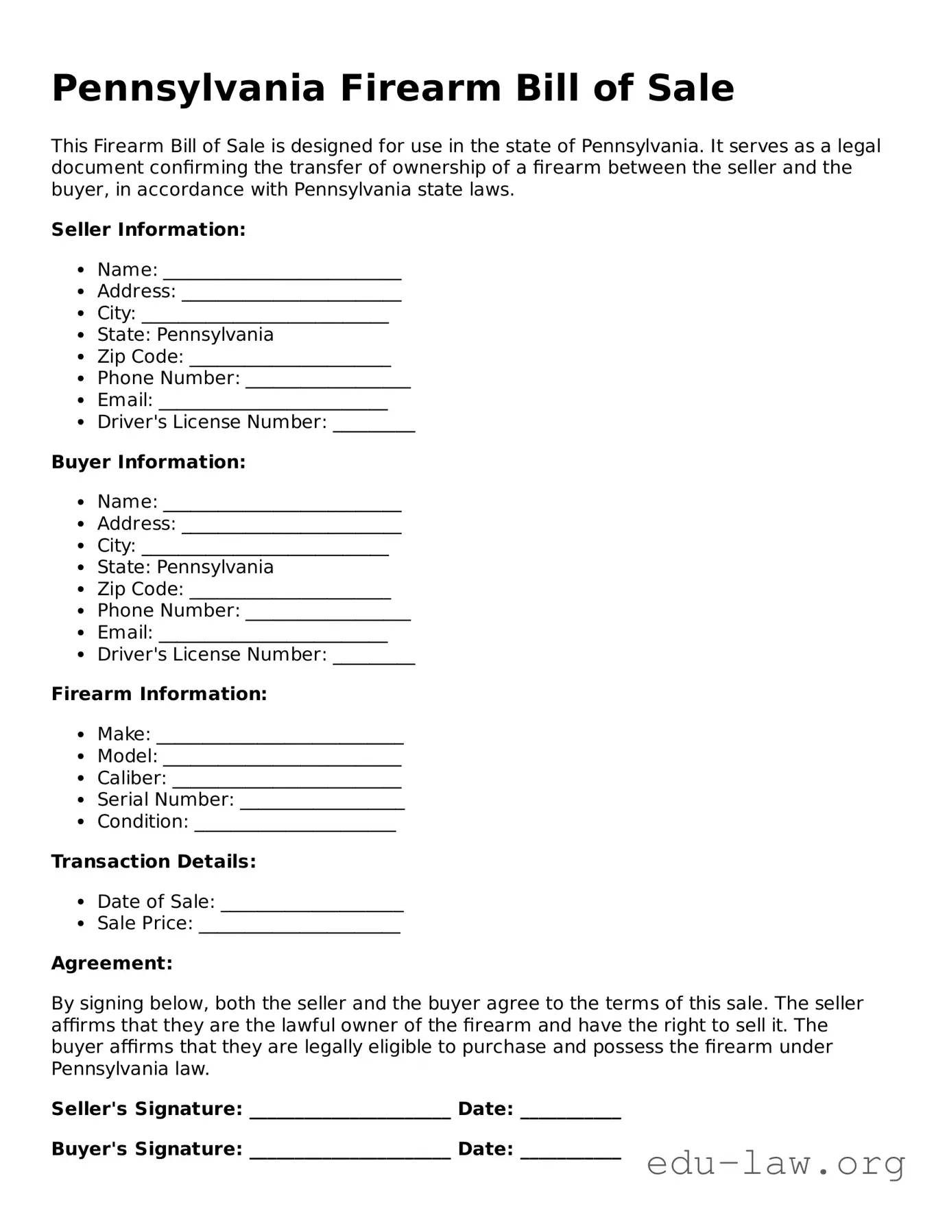 Legal  Firearm Bill of Sale Template for Pennsylvania
