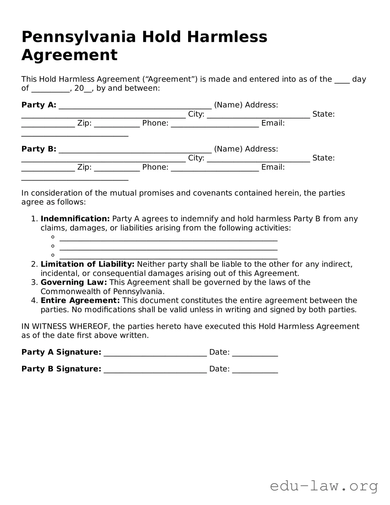 Legal  Hold Harmless Agreement Template for Pennsylvania