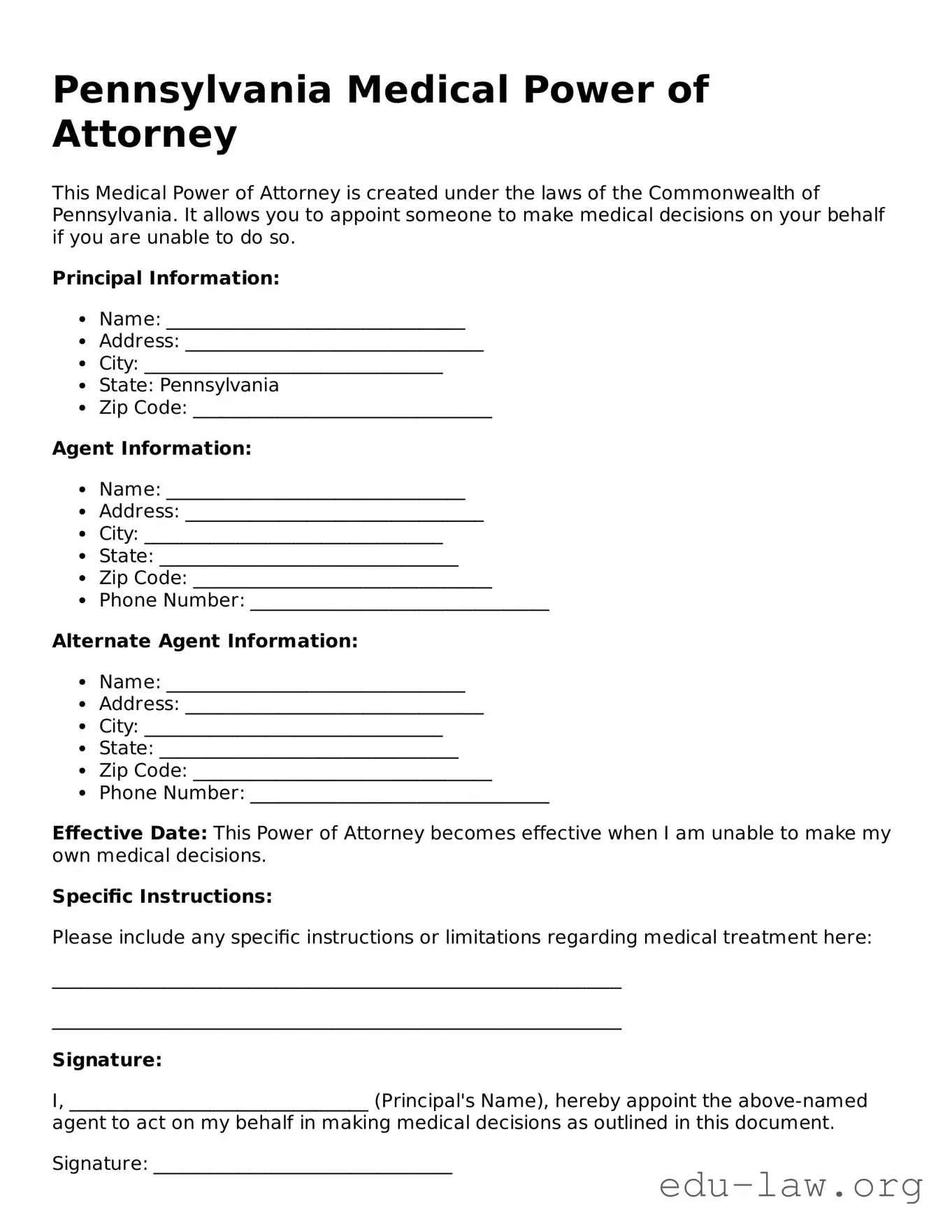 Legal  Medical Power of Attorney Template for Pennsylvania