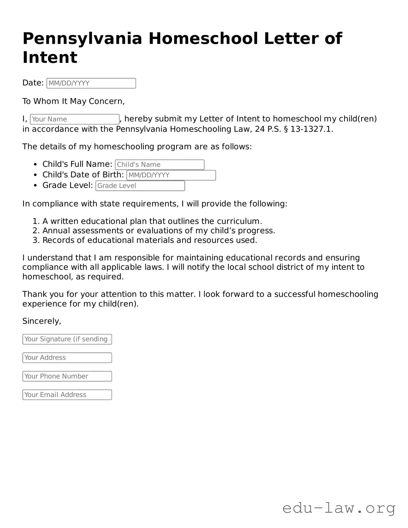 Legal  Homeschool Letter of Intent Template for Pennsylvania