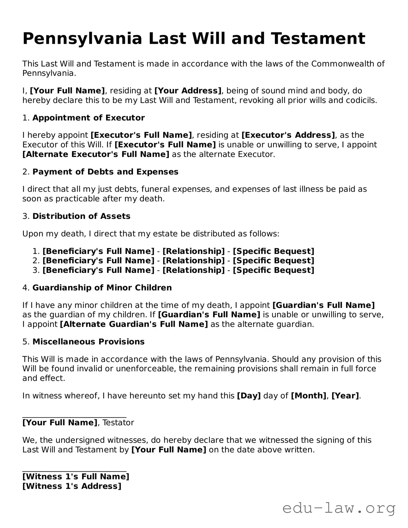 Legal  Last Will and Testament Template for Pennsylvania