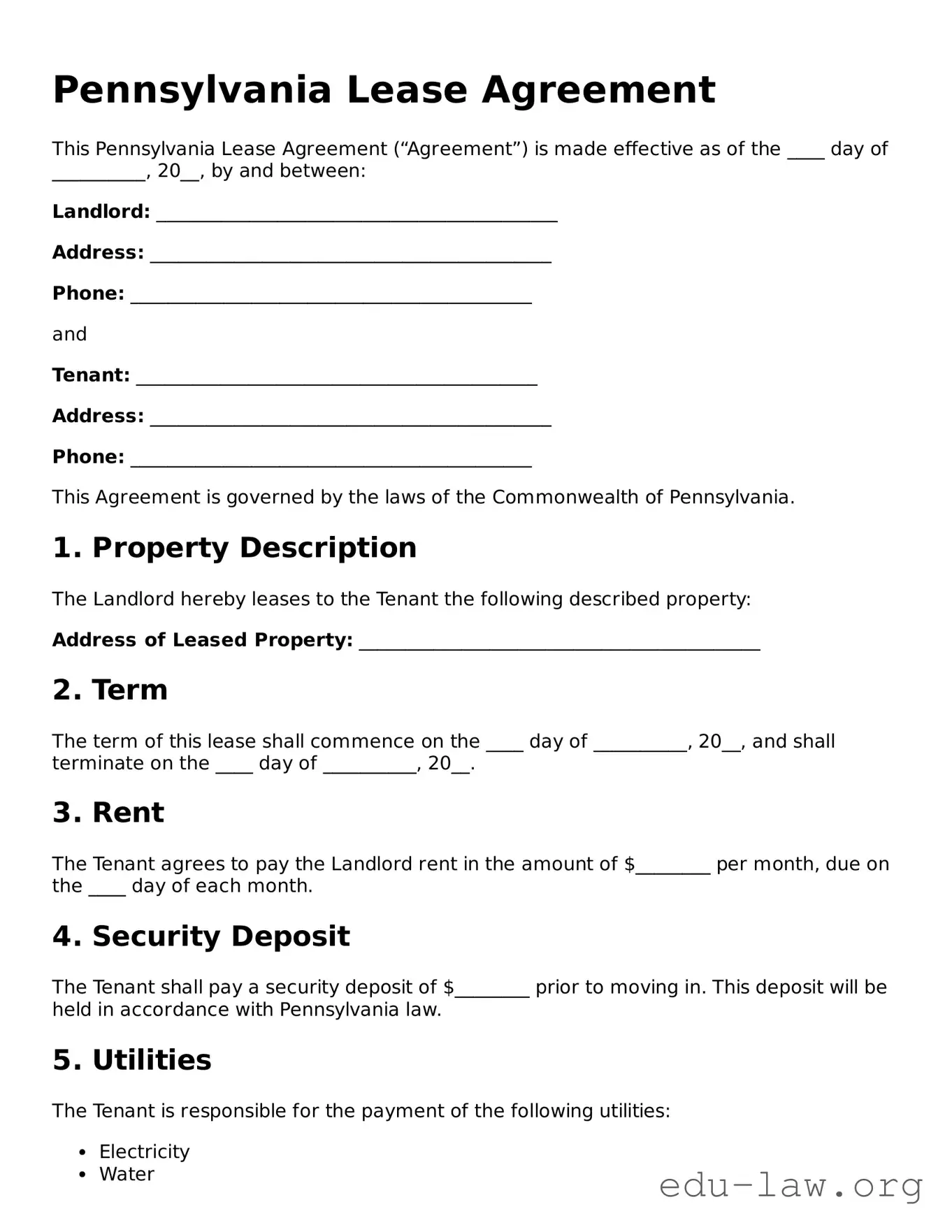 Legal  Lease Agreement Template for Pennsylvania