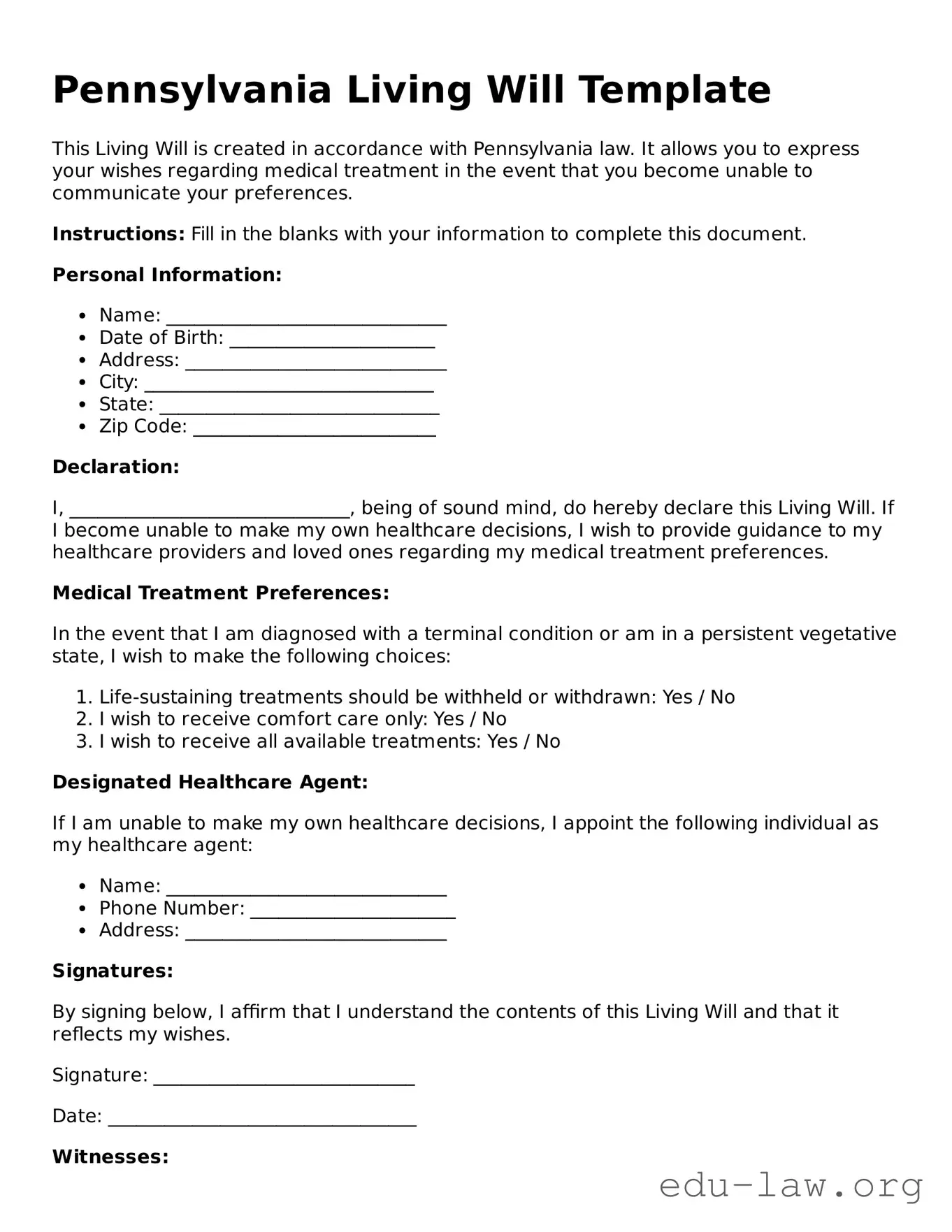 Legal  Living Will Template for Pennsylvania