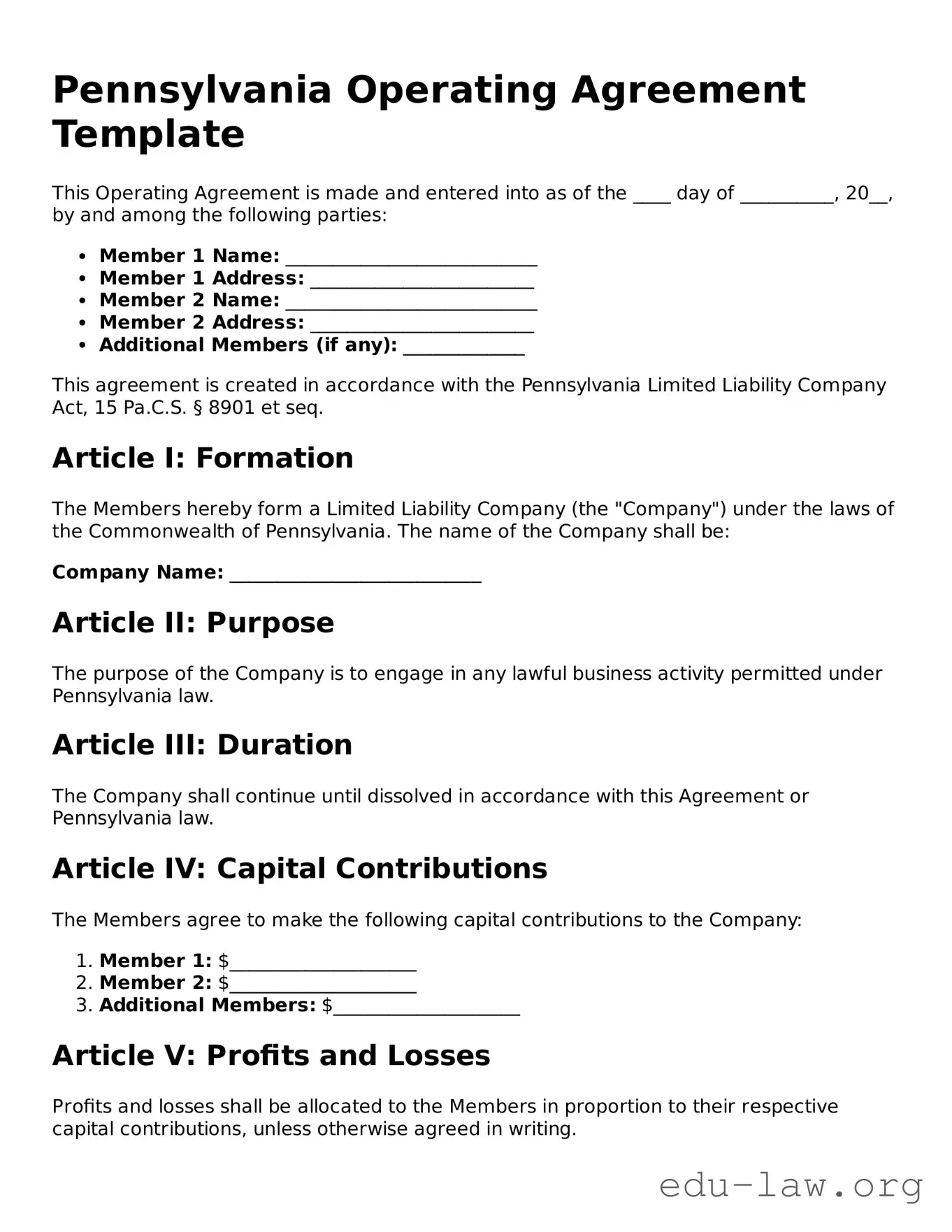Legal  Operating Agreement Template for Pennsylvania
