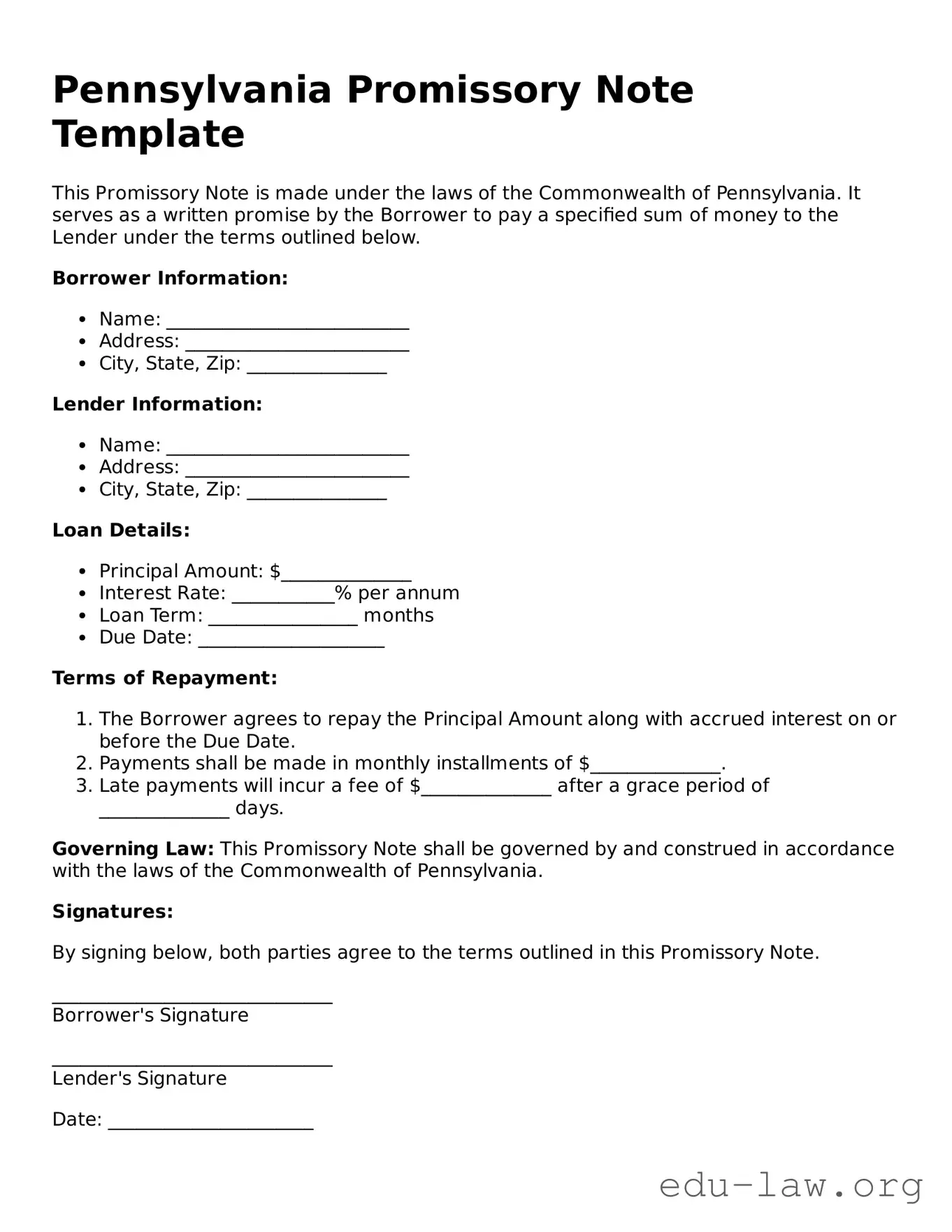 Legal  Promissory Note Template for Pennsylvania