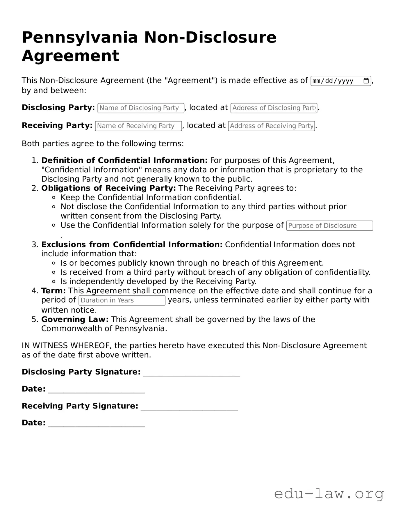 Legal  Non-disclosure Agreement Template for Pennsylvania