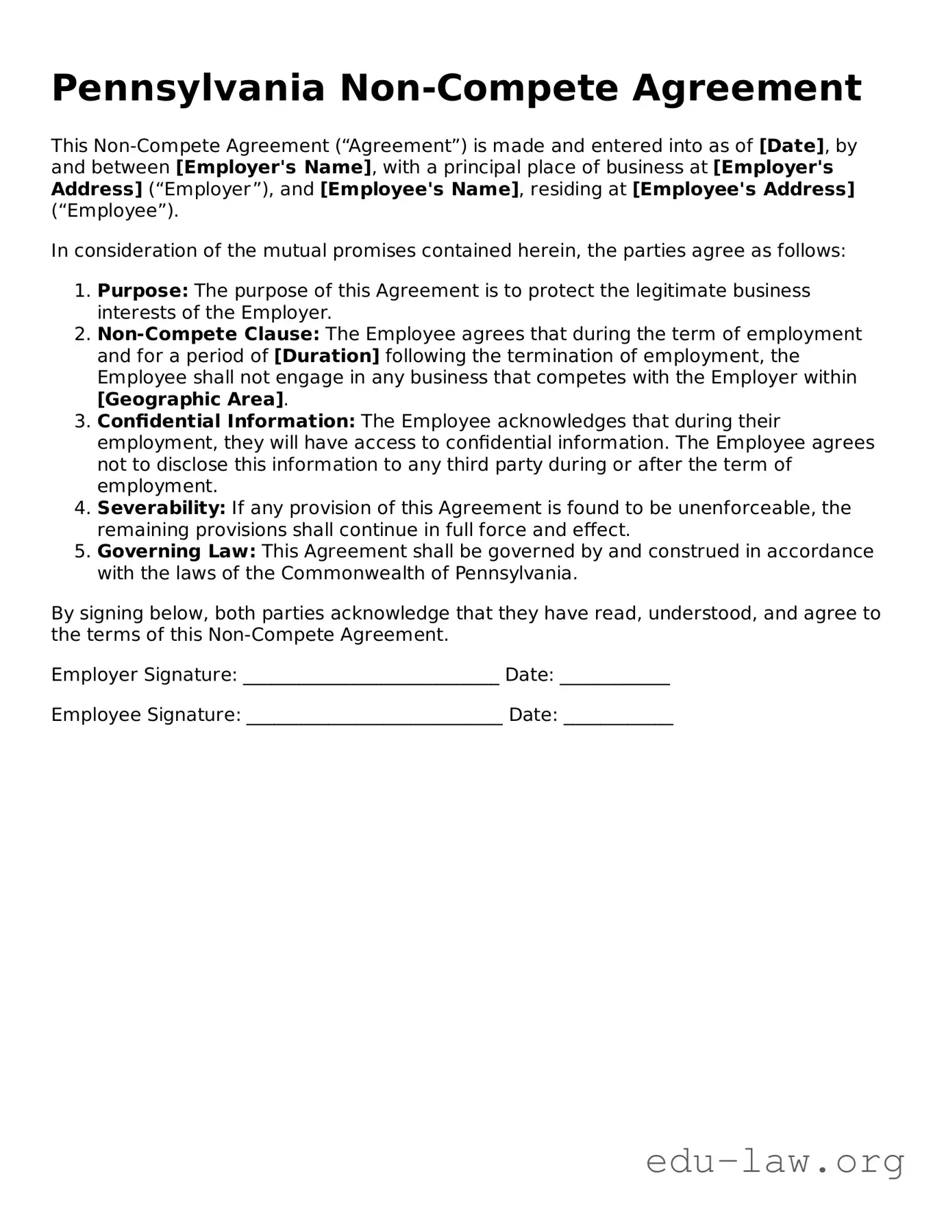 Legal  Non-compete Agreement Template for Pennsylvania