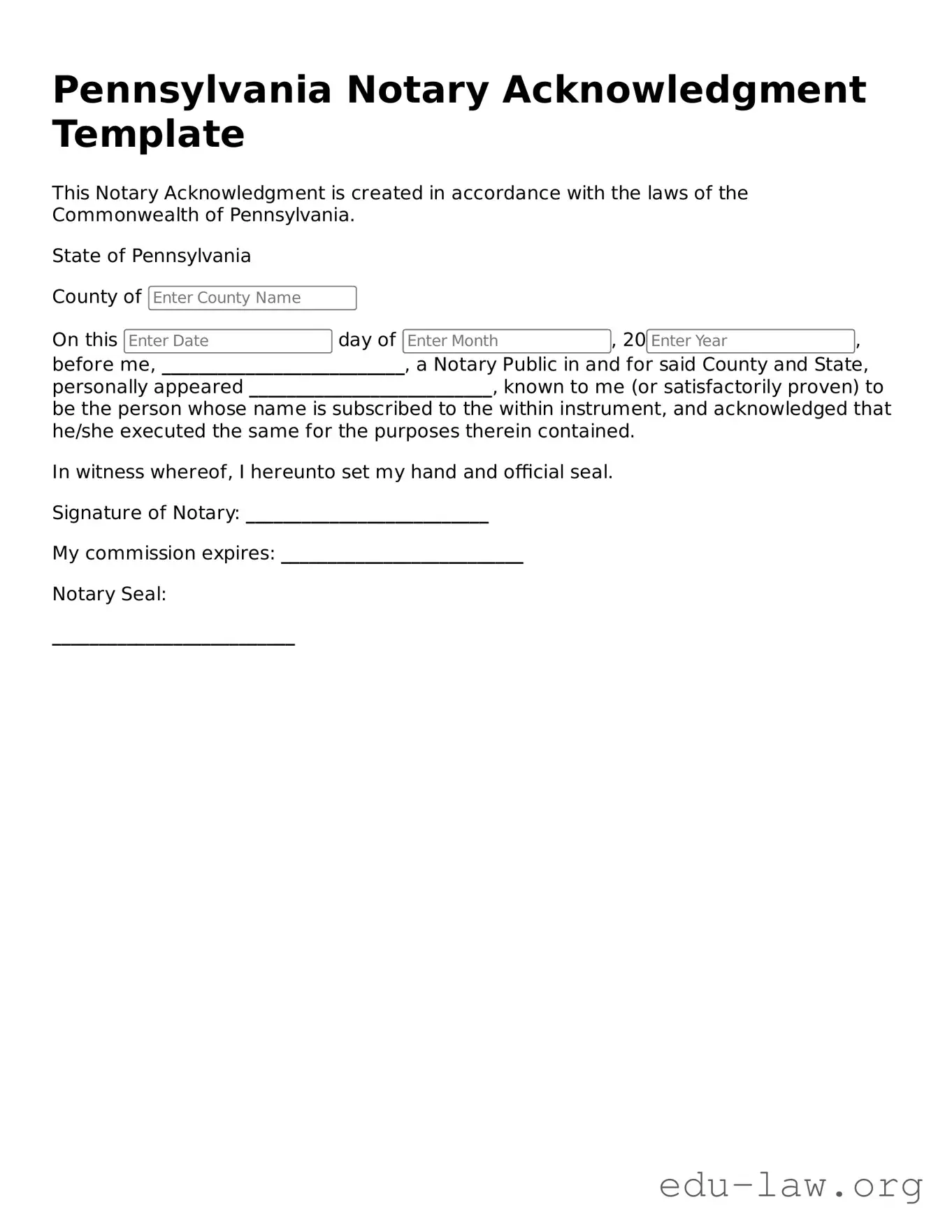 Legal  Notary Acknowledgement Template for Pennsylvania