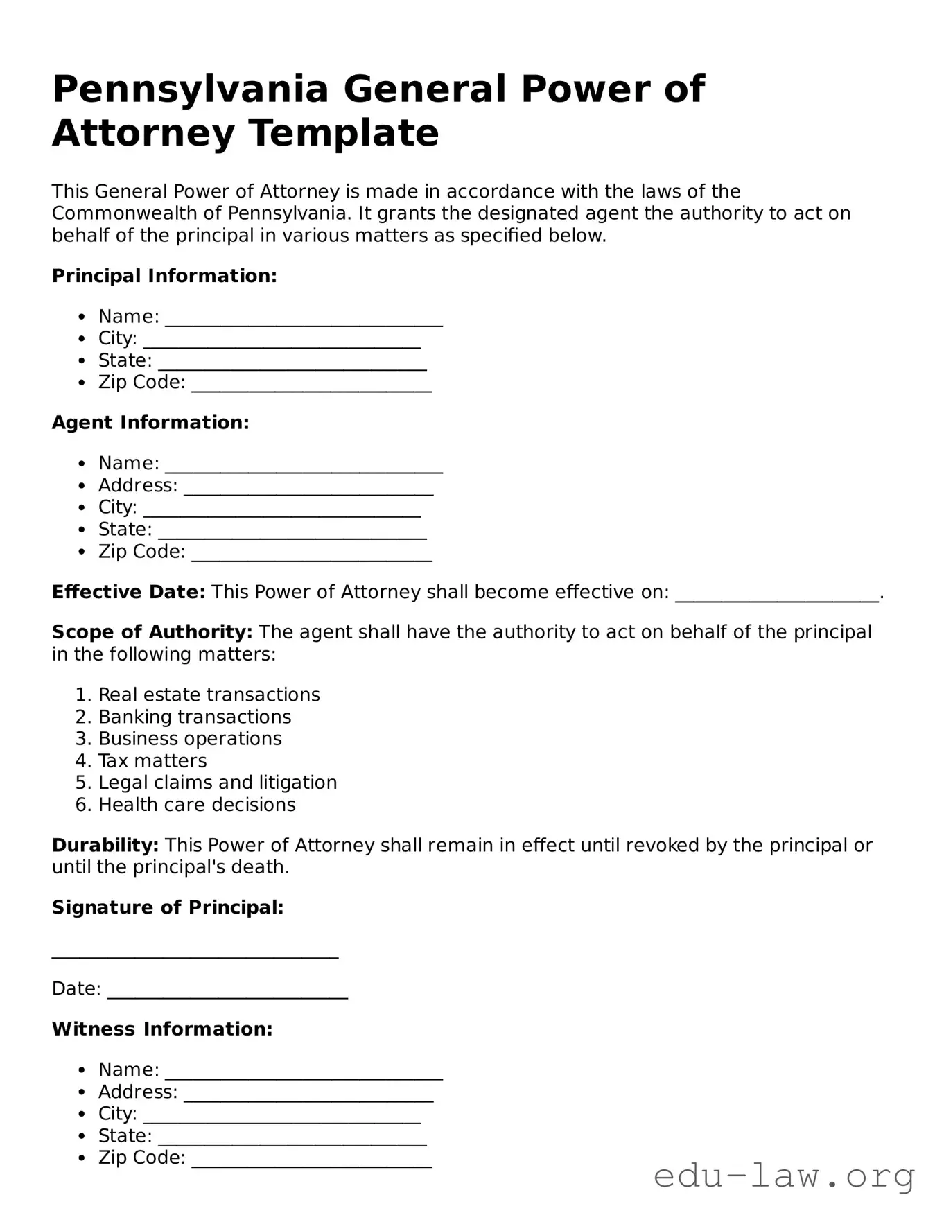 Legal  General Power of Attorney Template for Pennsylvania